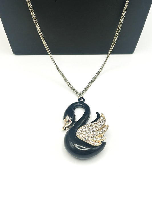 Black, Gold & Rhinestone Swan Pendant Necklace on Gold Tone Chain
