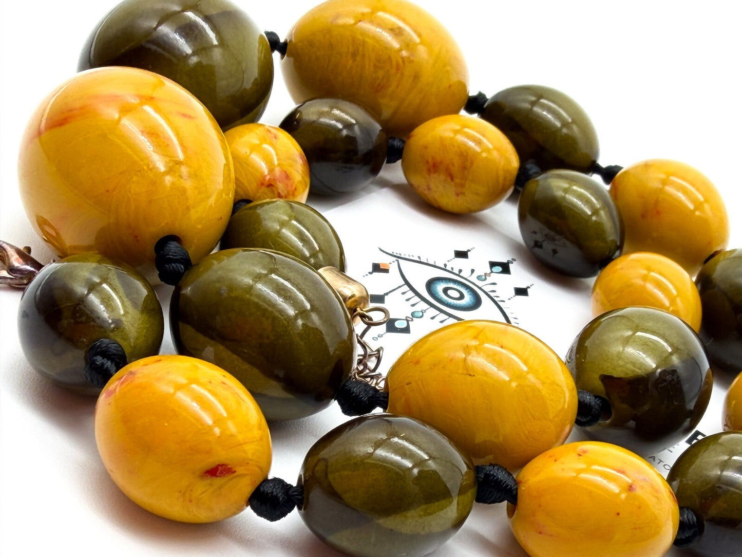 Chunky Statement Necklace Olive Green Mustard Acrylic Beads Graduated 25”