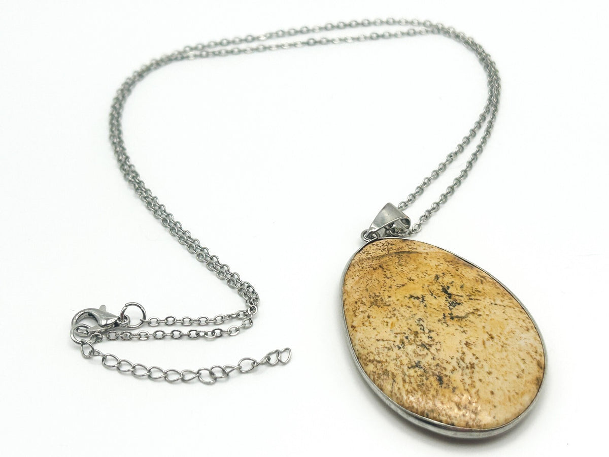 Picture Jasper Teardrop Pendant Necklace – Silver Tone 24" - Boho Gemstone Brown