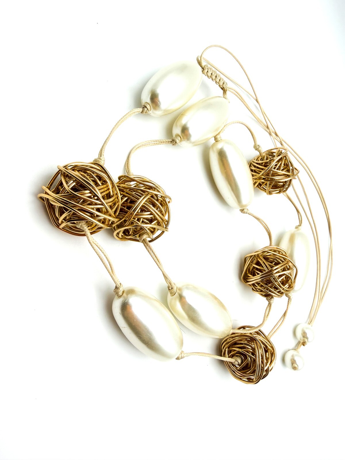 Chunky Oval Pearl & Gold Tone Hand-knotted Wire Wrapped Ball Adjustable Necklace