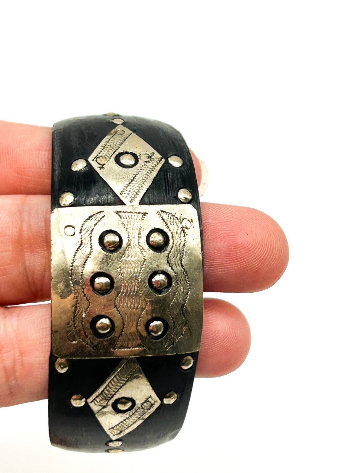 Vintage Tuareg Tribal Cuff Bracelet Organic Material & Silver Tone Etched Ethnic