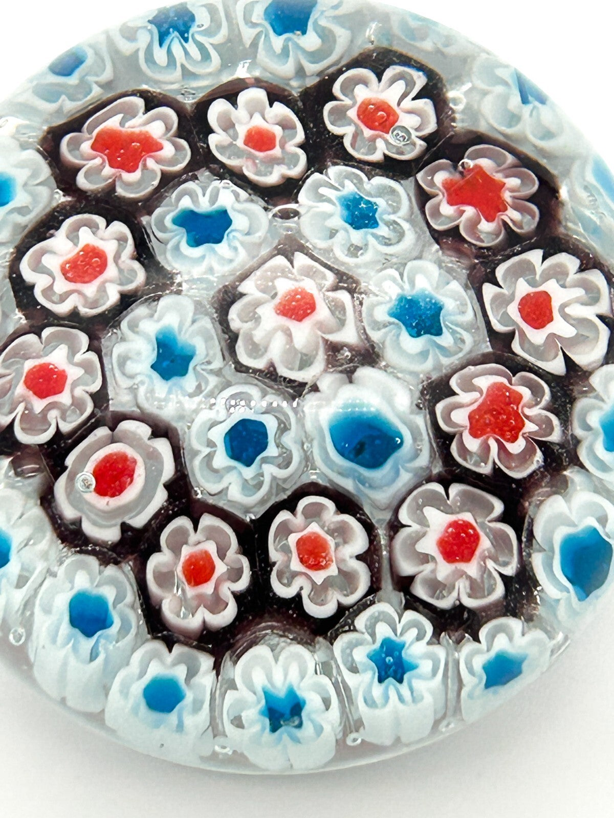Vintage Millefiori Art Glass Paperweight Red White Blue Flower Floral Canes