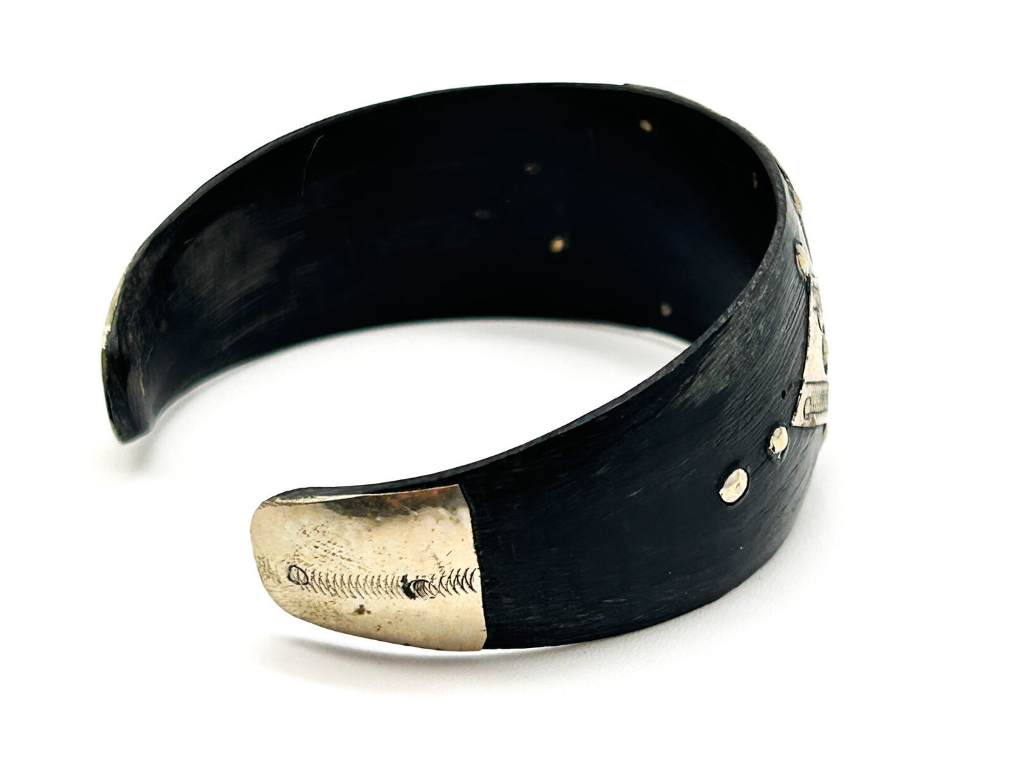 Vintage Tuareg Tribal Cuff Bracelet Organic Material & Silver Tone Etched Ethnic