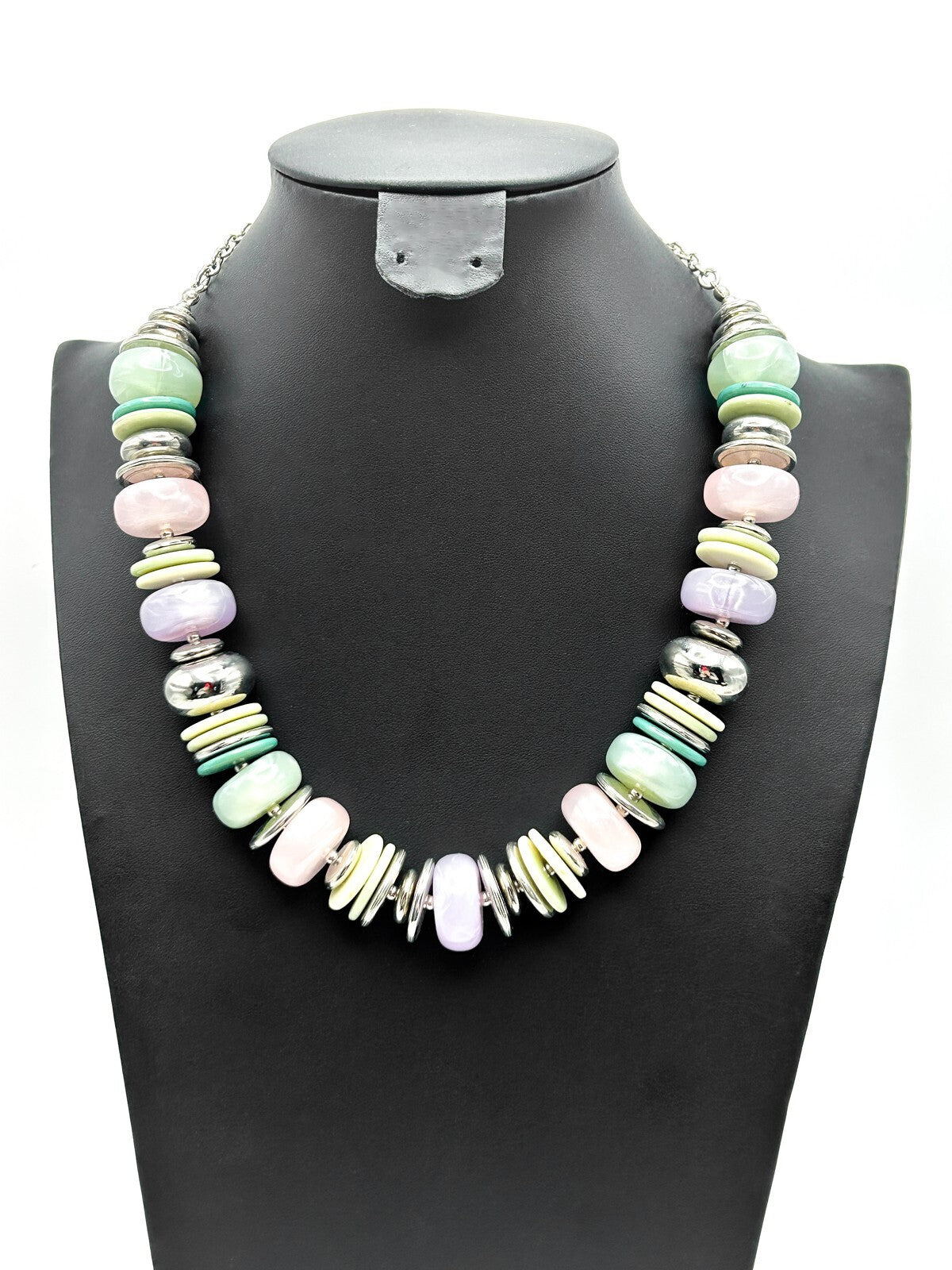 Vintage 90s-Y2K M&S Pastel Disc Bead Necklace with Silver Tone Spacers