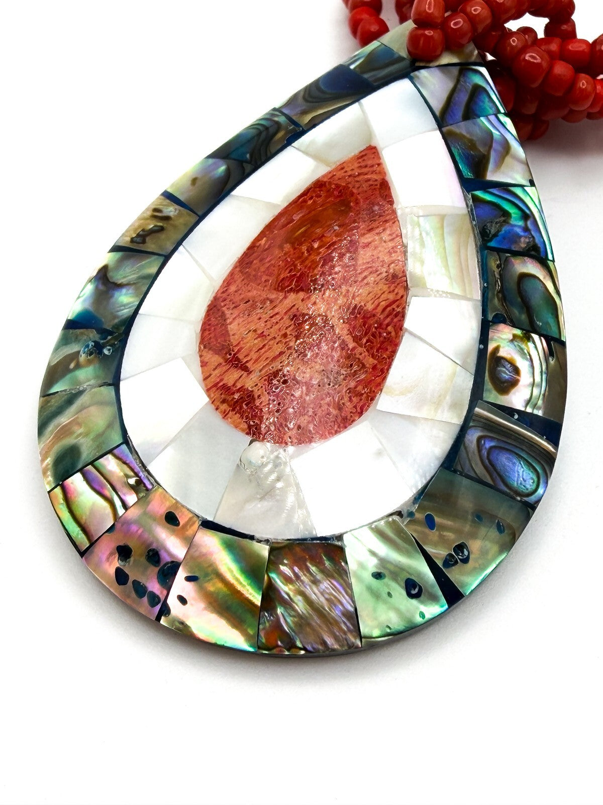 Twisted Red Seed Bead Necklace with Abalone, Mother of Pearl & Coral Teardrop Pe