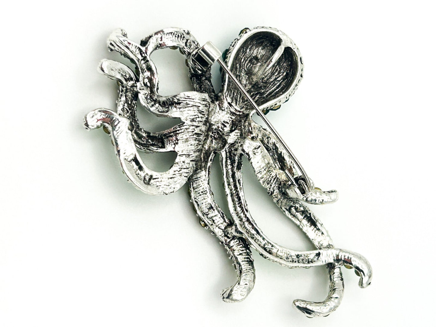 Vintage Rhinestone Octopus Brooch – Green & Teal Crystal Statement Pin