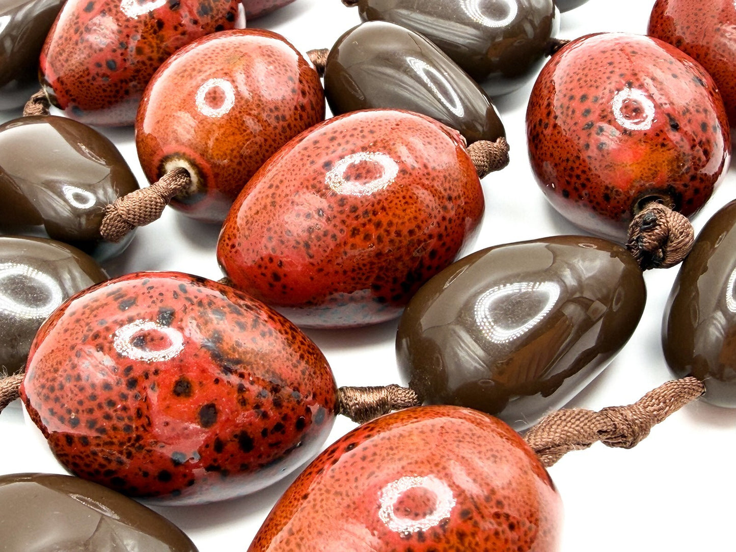 Chunky Red Ceramic & Brown Acrylic Long Statement Necklace – Heavy Cord Knotted