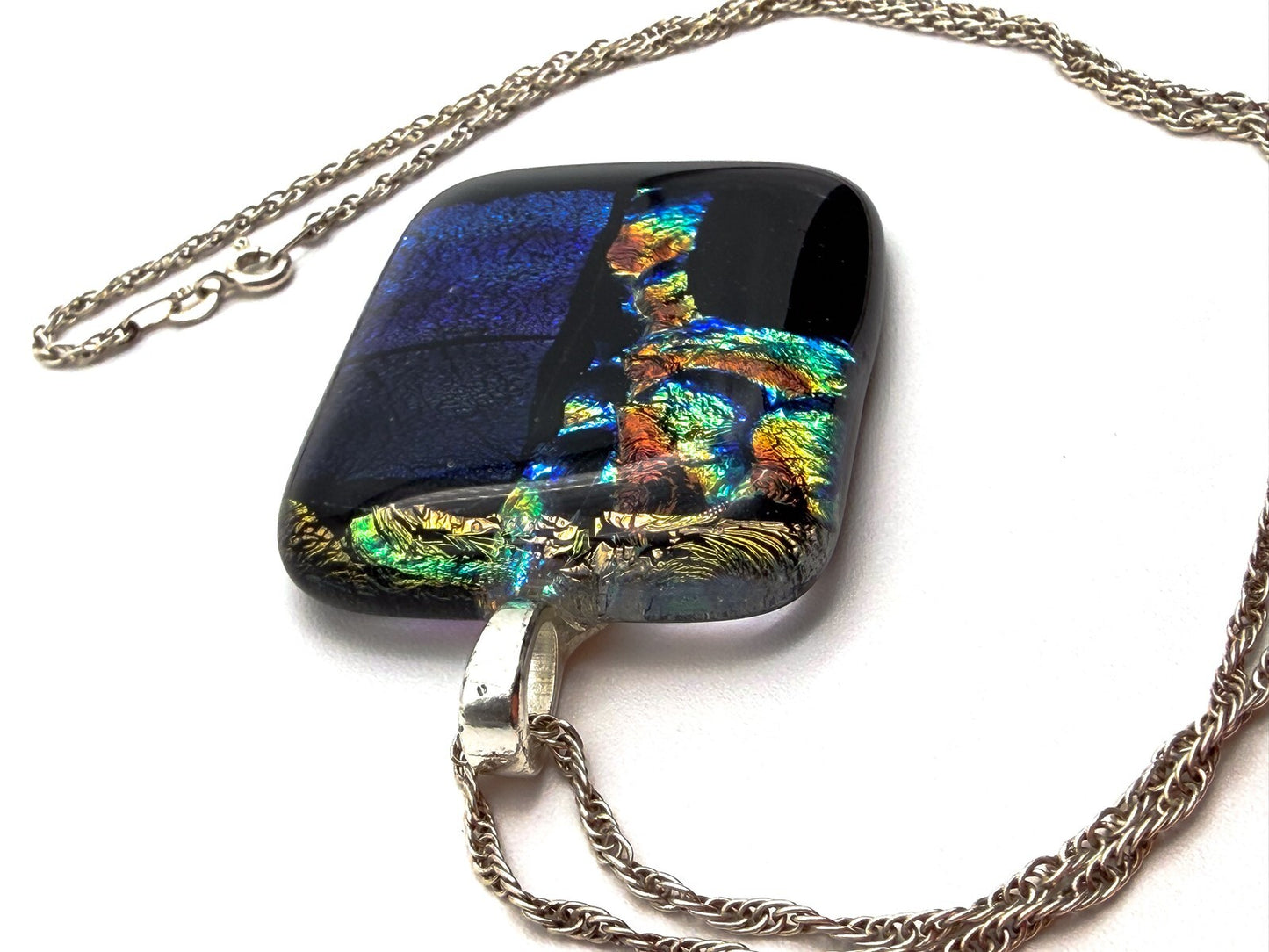 Dichroic Art Glass Pendant Necklace 925 Sterling Silver Chain Blue Iridescent