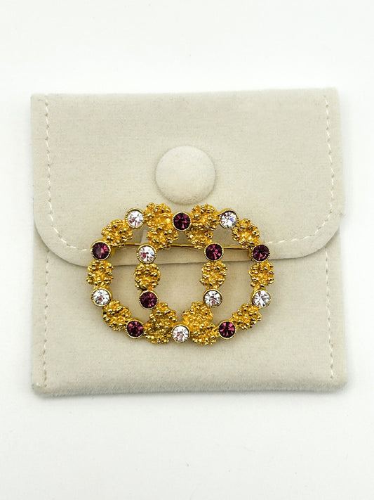 Vintage WEST Rhinestone Brooch Gold Tone Double Circle Purple Clear Pin