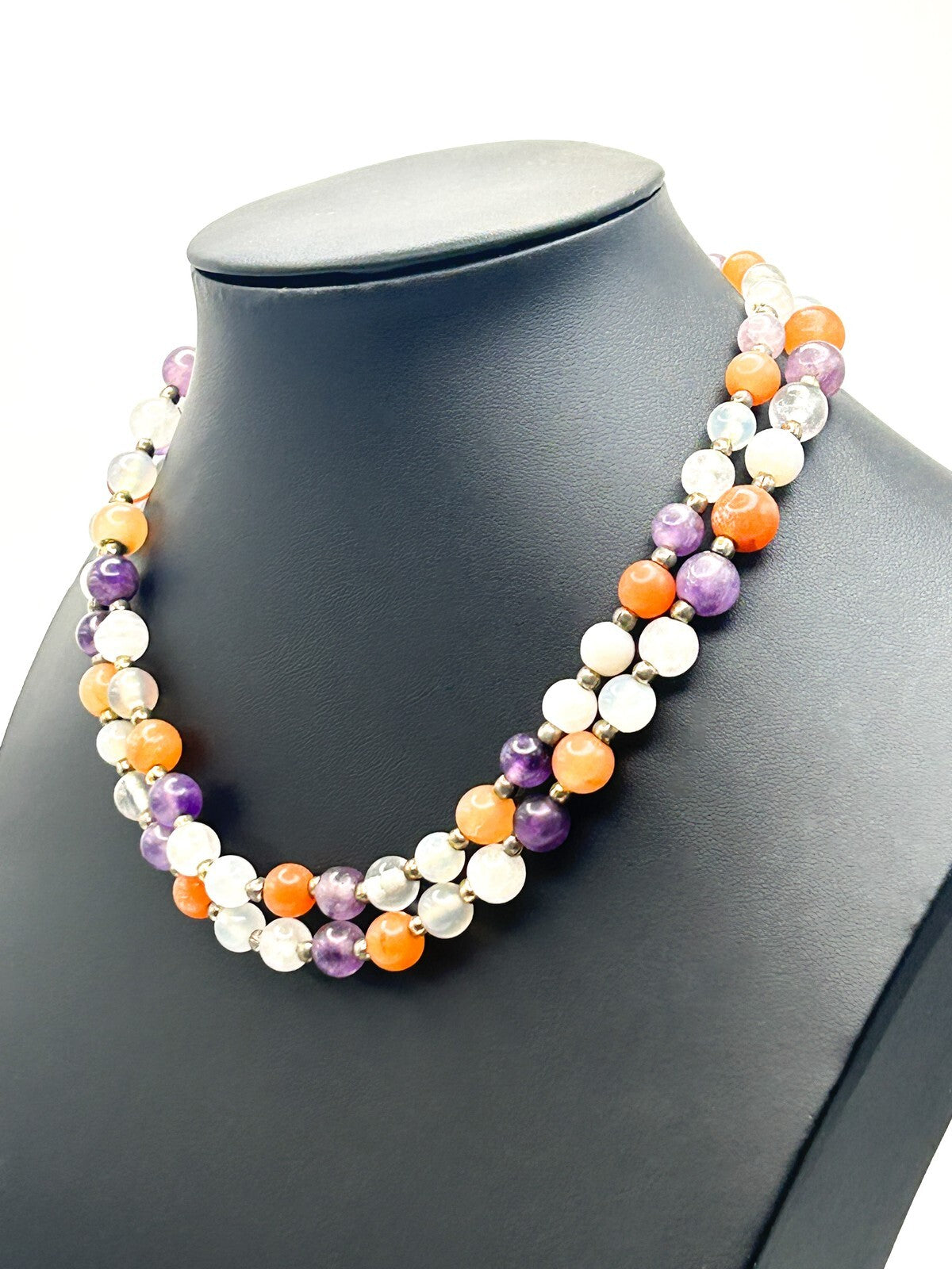 Vintage Carnelian, Amethyst & Quartz Gemstone Bead Necklace – 15” Orange Purple