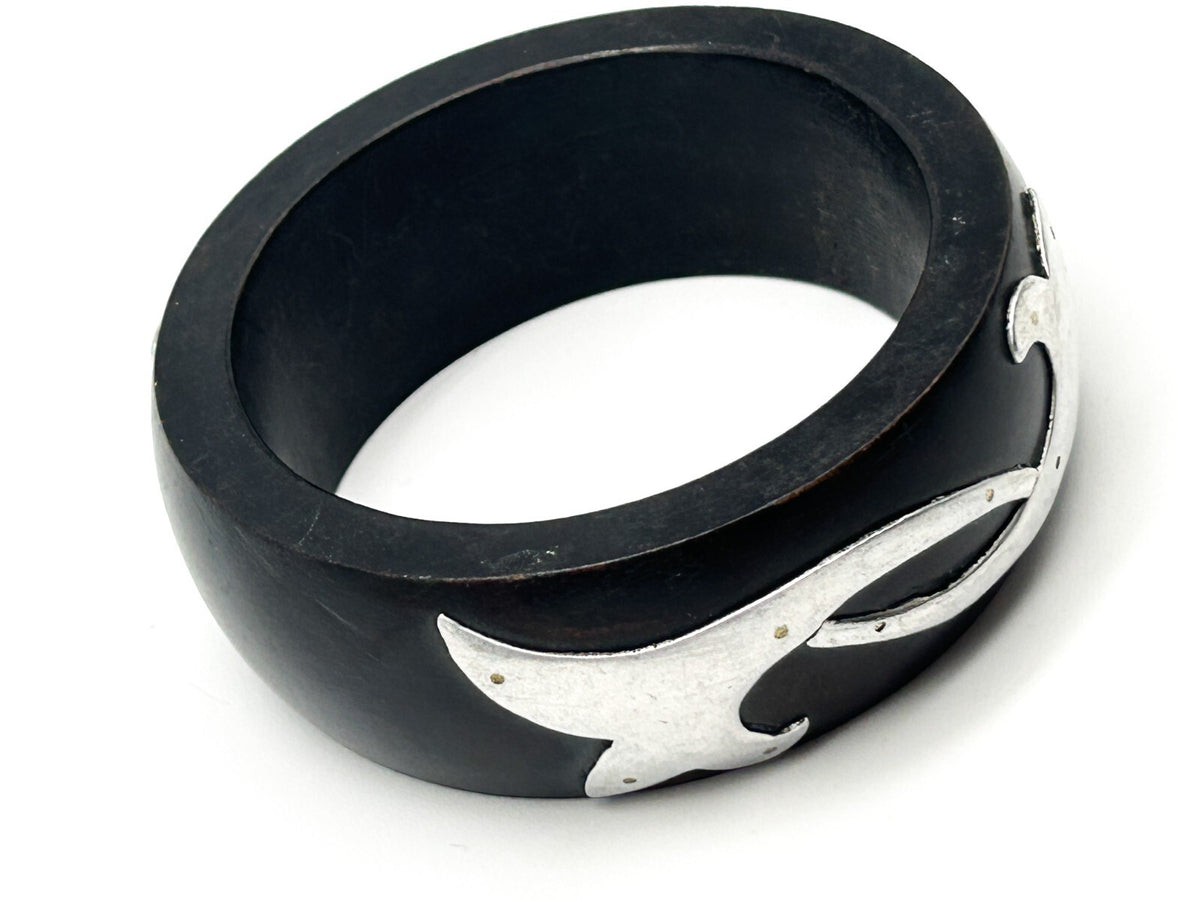 Chunky Dark Wood Bracelet 925 Sterling Silver Tribal Design Overlay Bangle Boho