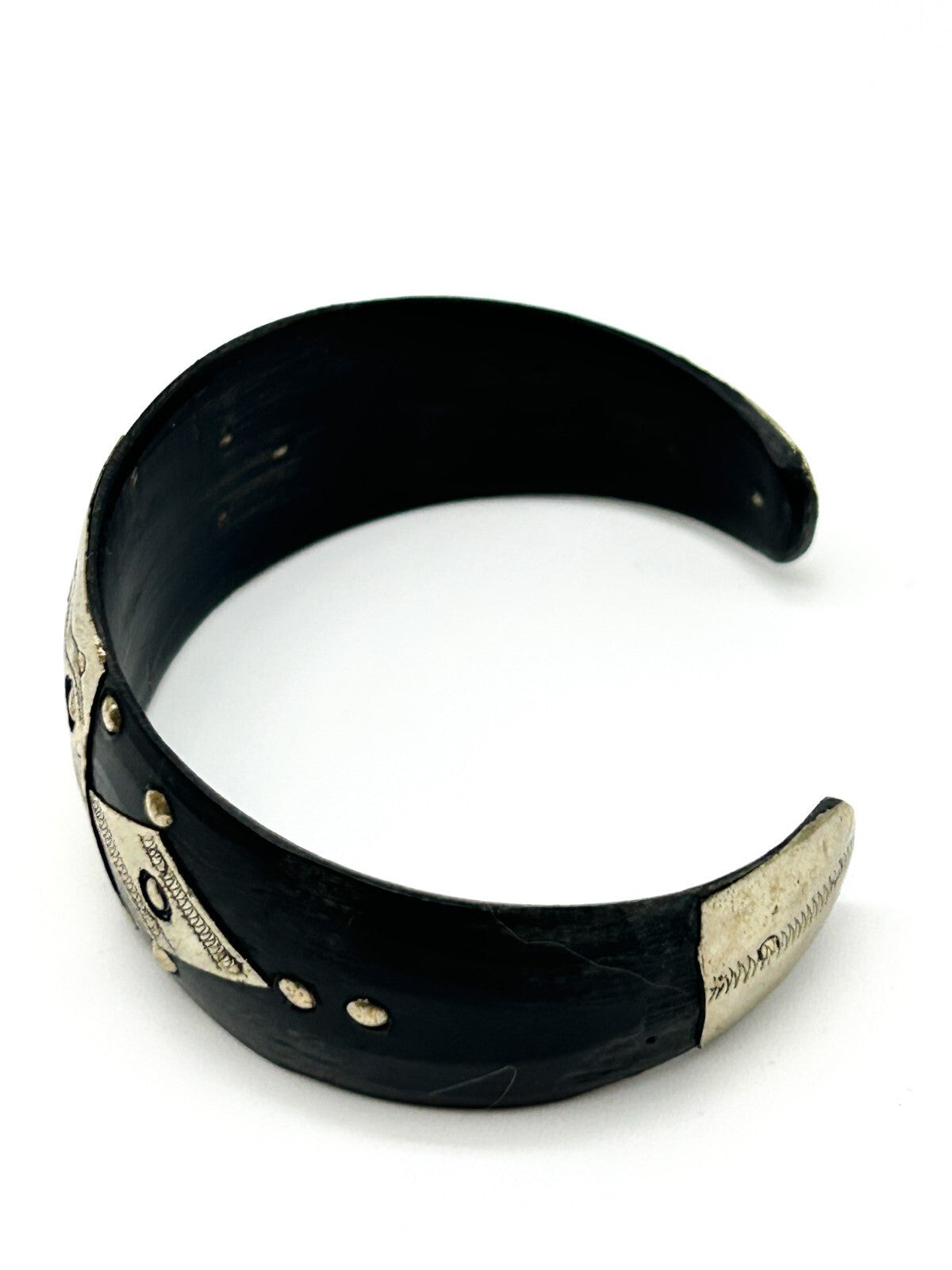 Vintage Tuareg Tribal Cuff Bracelet Organic Material & Silver Tone Etched Ethnic
