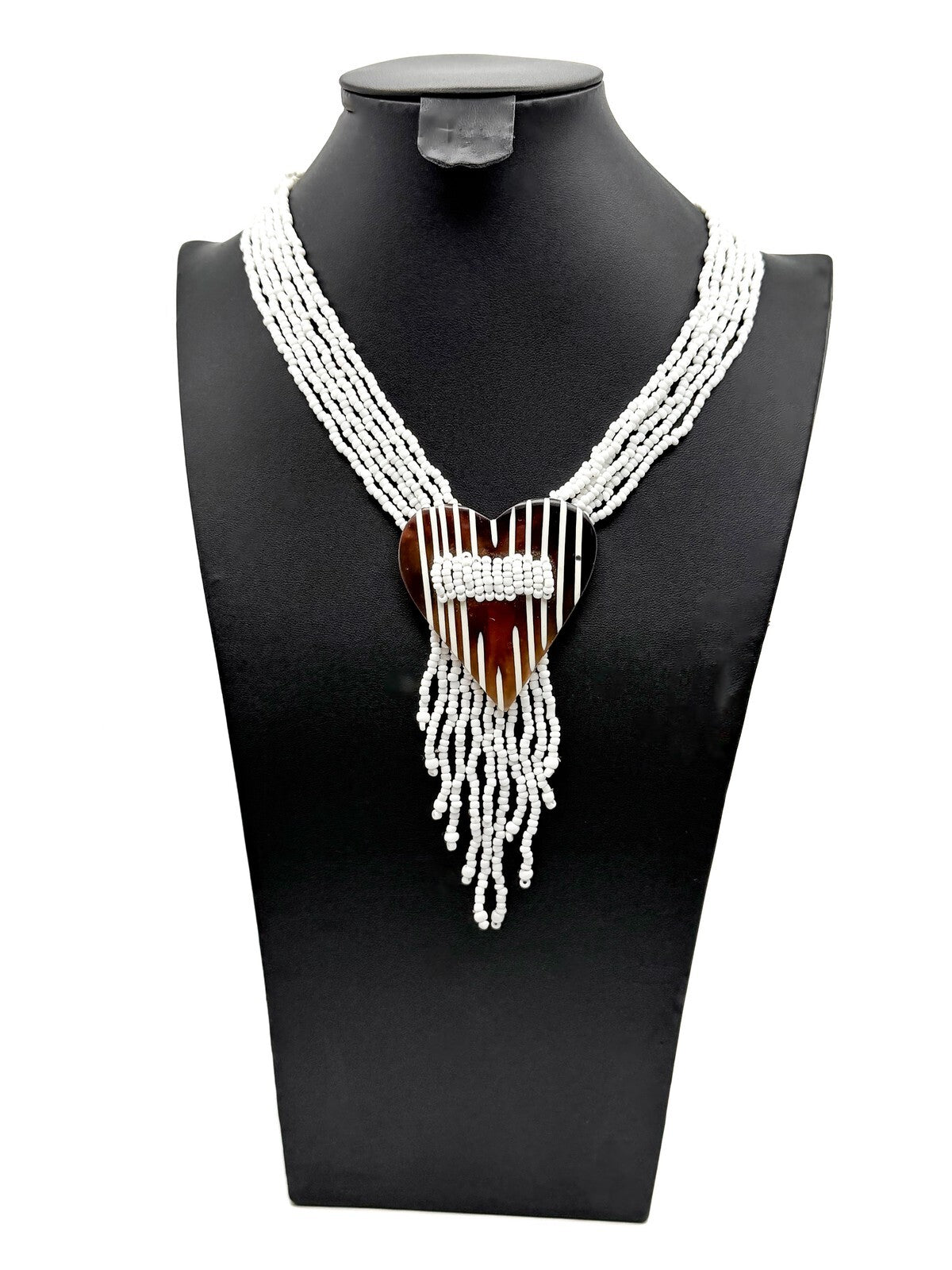 Vintage Multi-strand White Seed Bead Brown Striped Heart Pendant Tassel Necklace