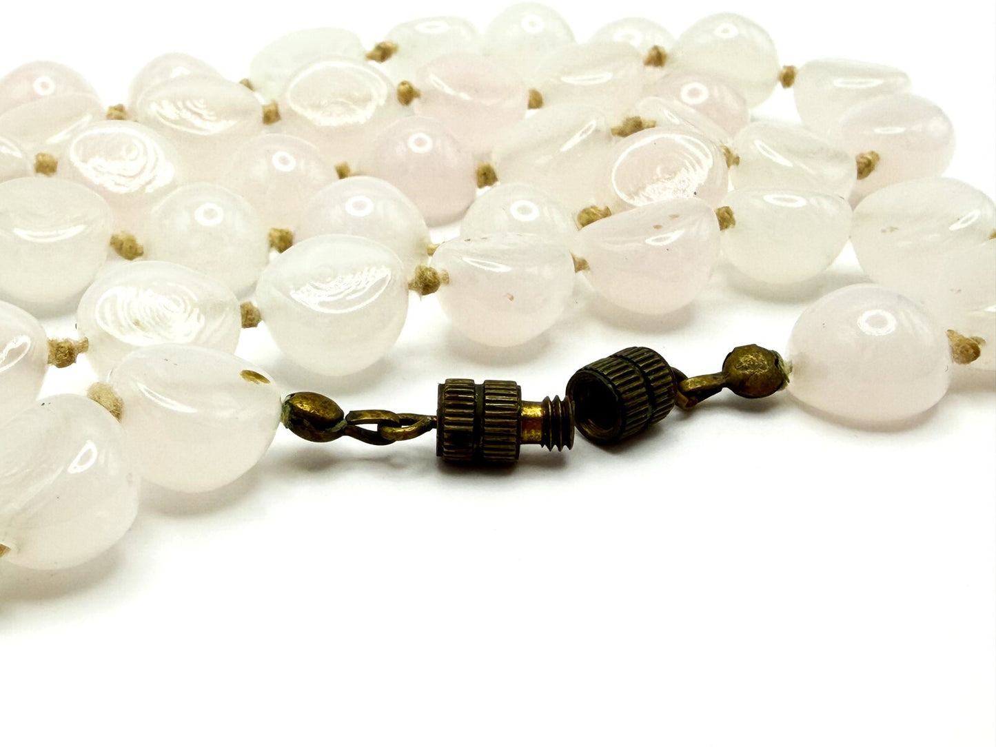 Pale Rose Quartz Domed Bead Necklace – Hand-Knotted, 25”