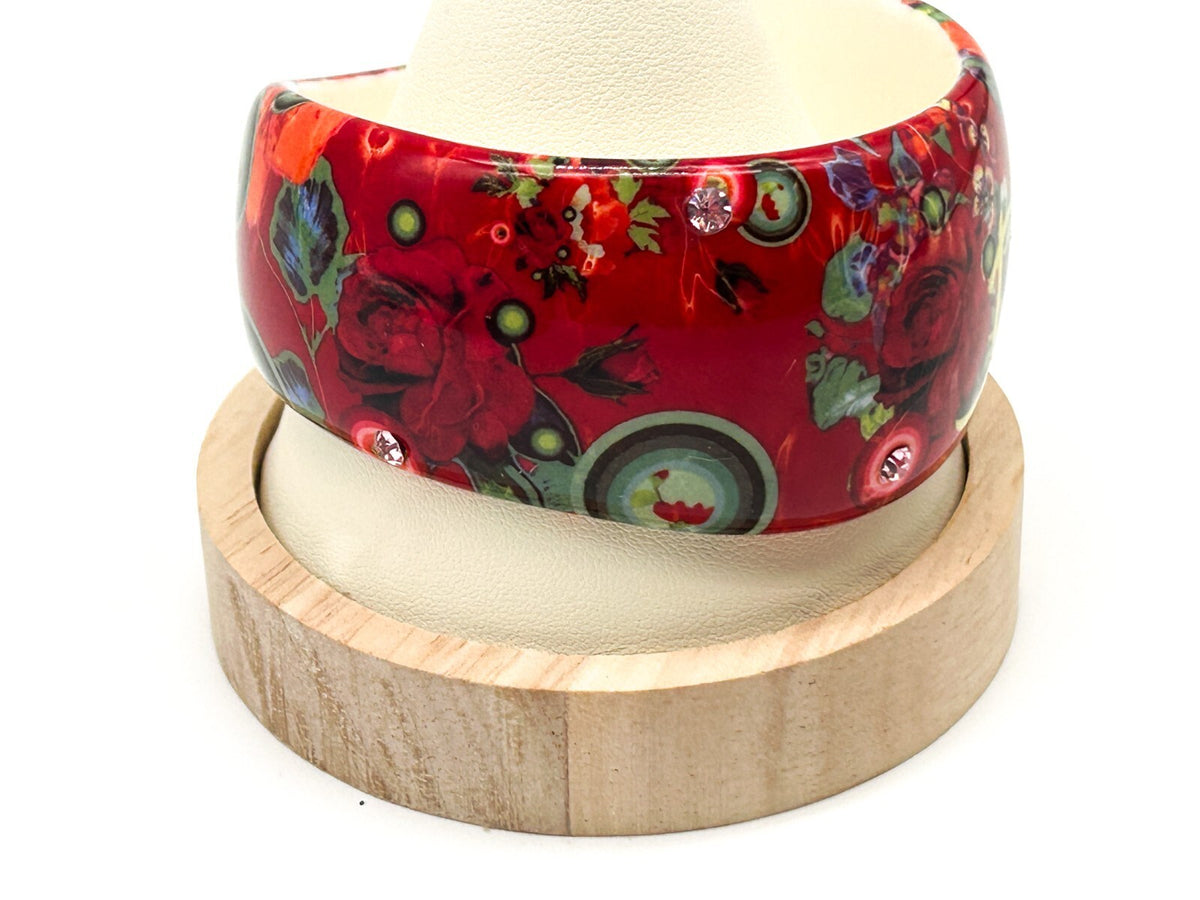 Desigual Floral Acrylic Bangle Red Orange Rhinestone Wavy Statement Bracelet