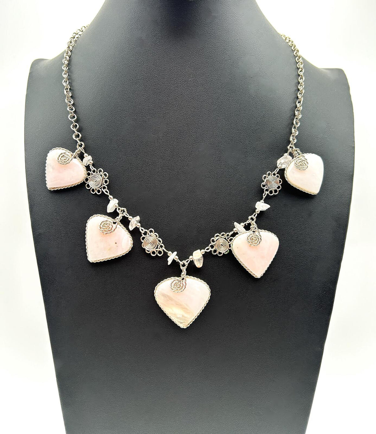 Peruvian Alpaca Silver Pink Hearts Charm Necklace Hand-crafted Gemstone