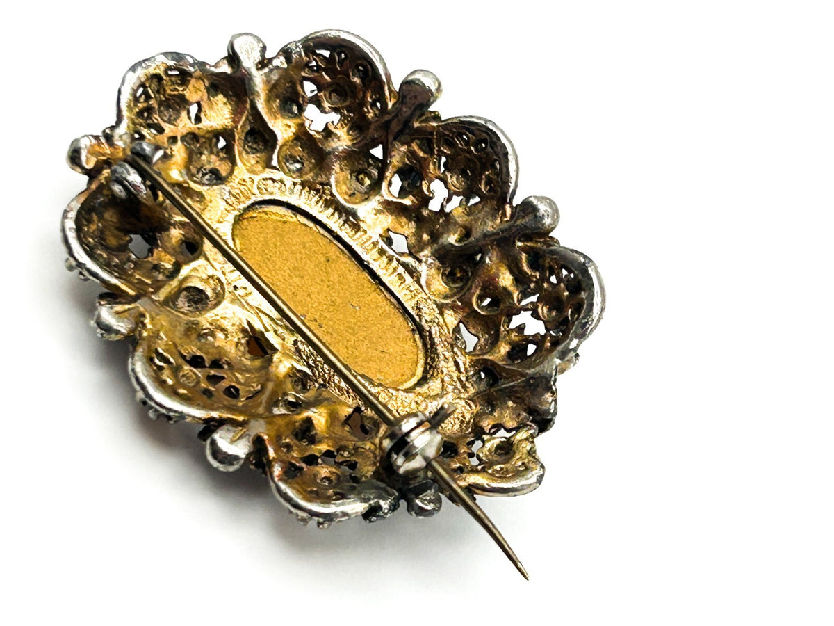 Vintage Amber Glass Oval Cabochon Brooch Rhinestone Ornate Gold Tone Openwork