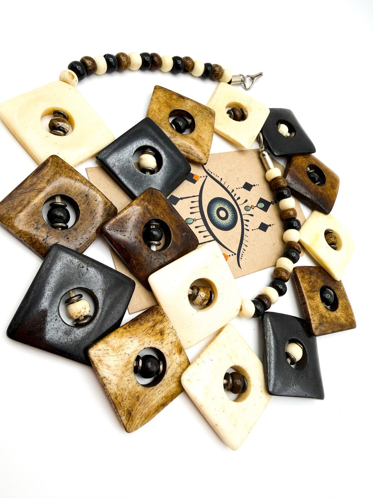 Vintage Organic Material Brown & Cream Inlaid Square Beaded Statement Necklace
