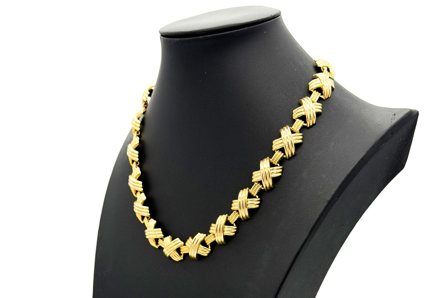 Gold Tone Ribbed X Link Articulated Statement Necklace 18” 80s Napier Inspired
