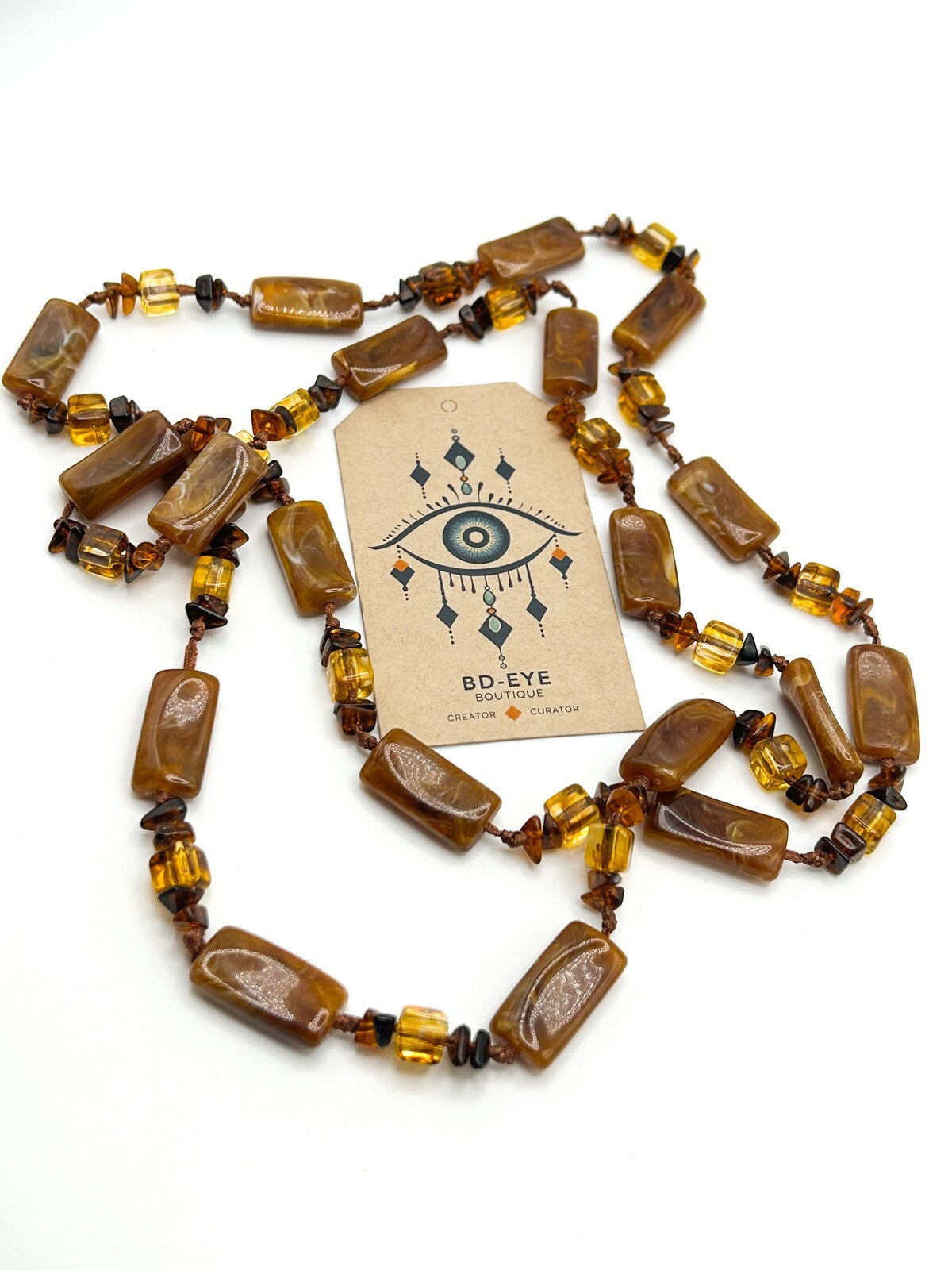 Vintage Toffee Swirl Long Bead Necklace – 46in / 51g