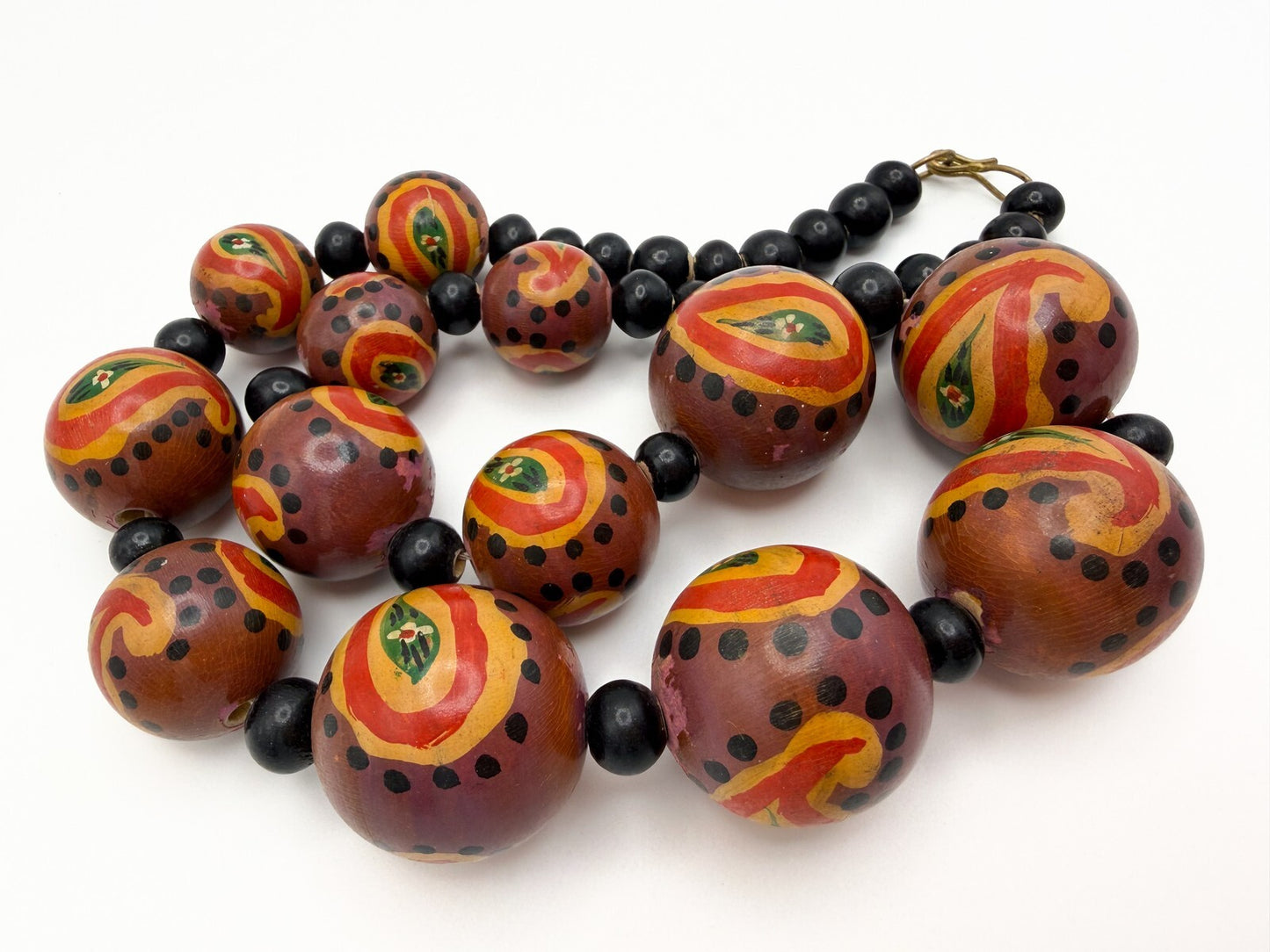 Graduated Hand-Painted Paisley Wooden Bead Necklace – Orange & Brown Tones