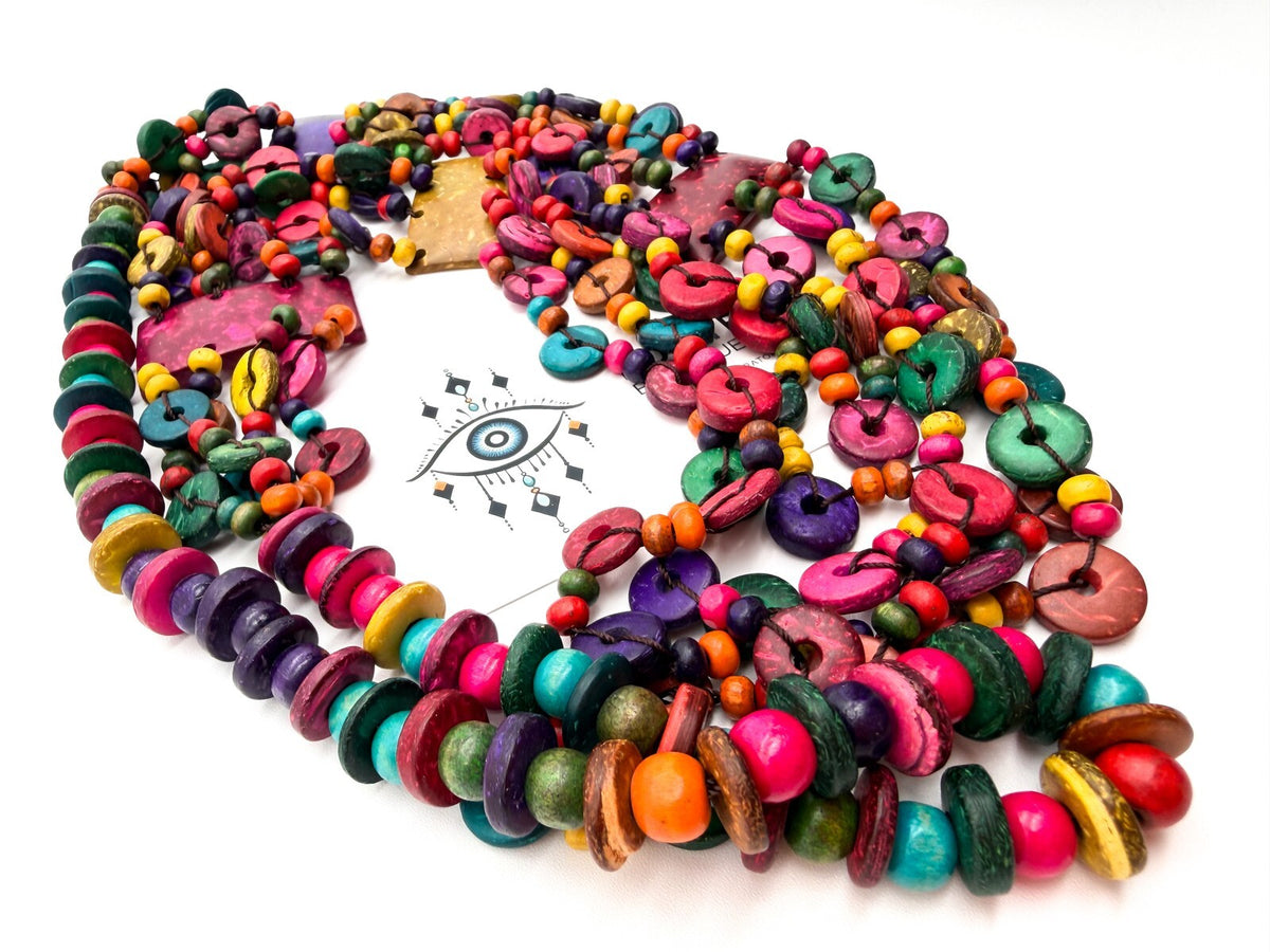 Boho Multicolour Shell Necklace 4 Strand Layered Festival Statement Overhead