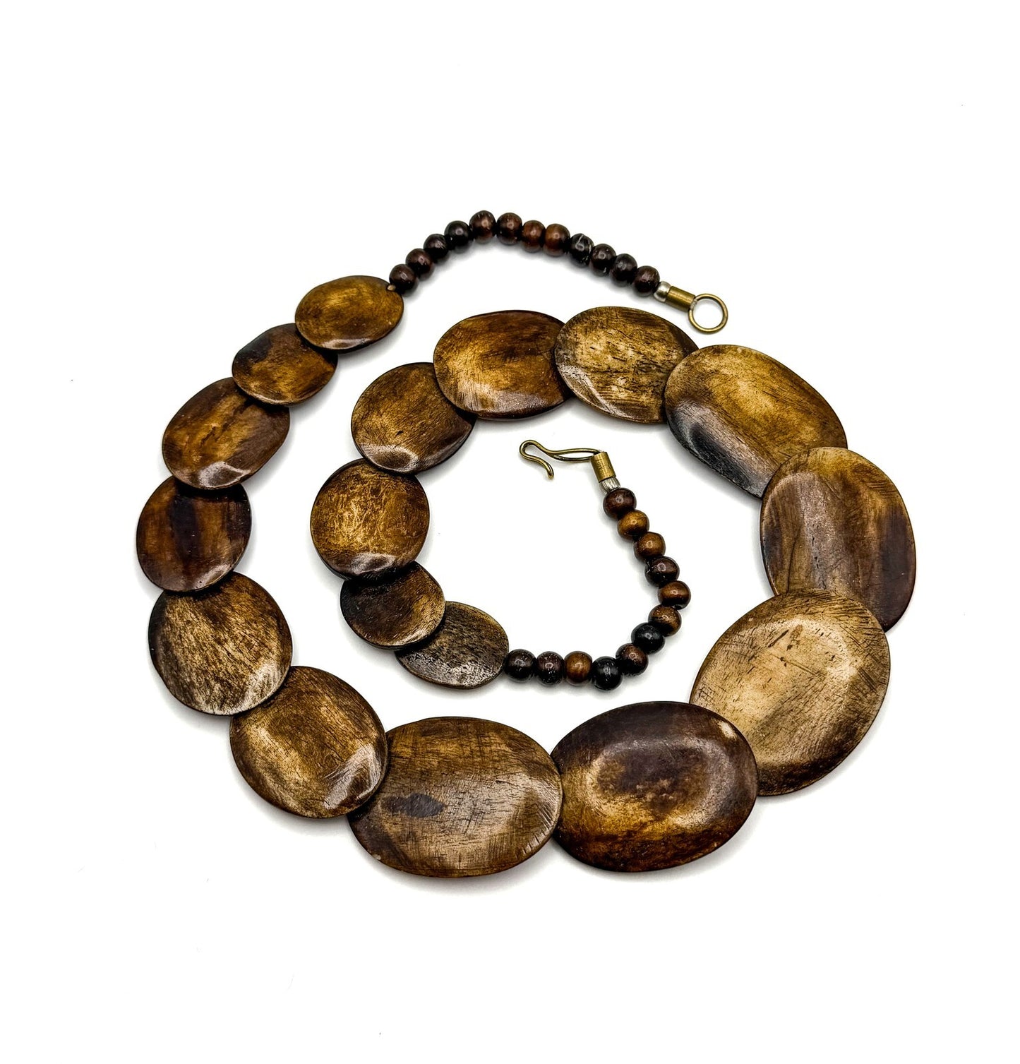 Vintage Carved & Polished Organic Material Graduated  Overlapping Oval Necklace