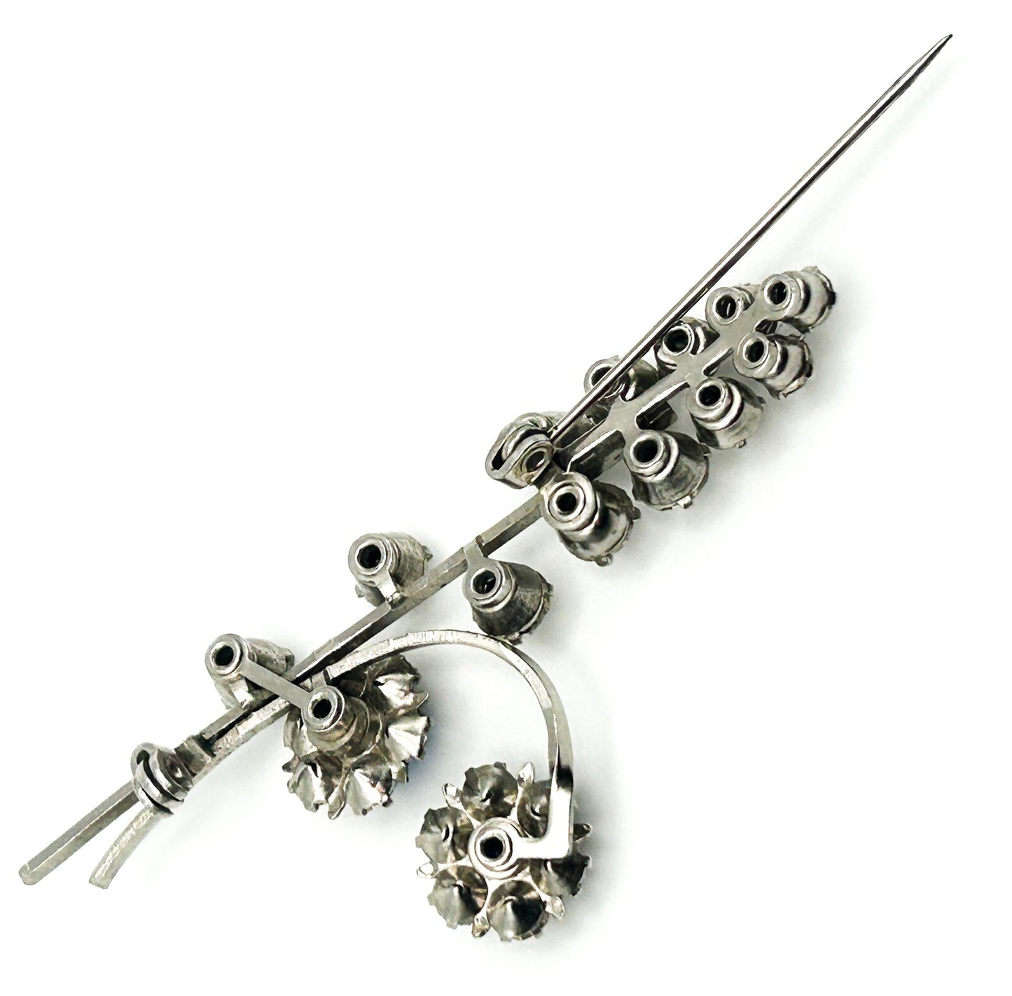 Vintage Blue Rhinestone Brooch Floral Drop Silver Tone Dangle Pin