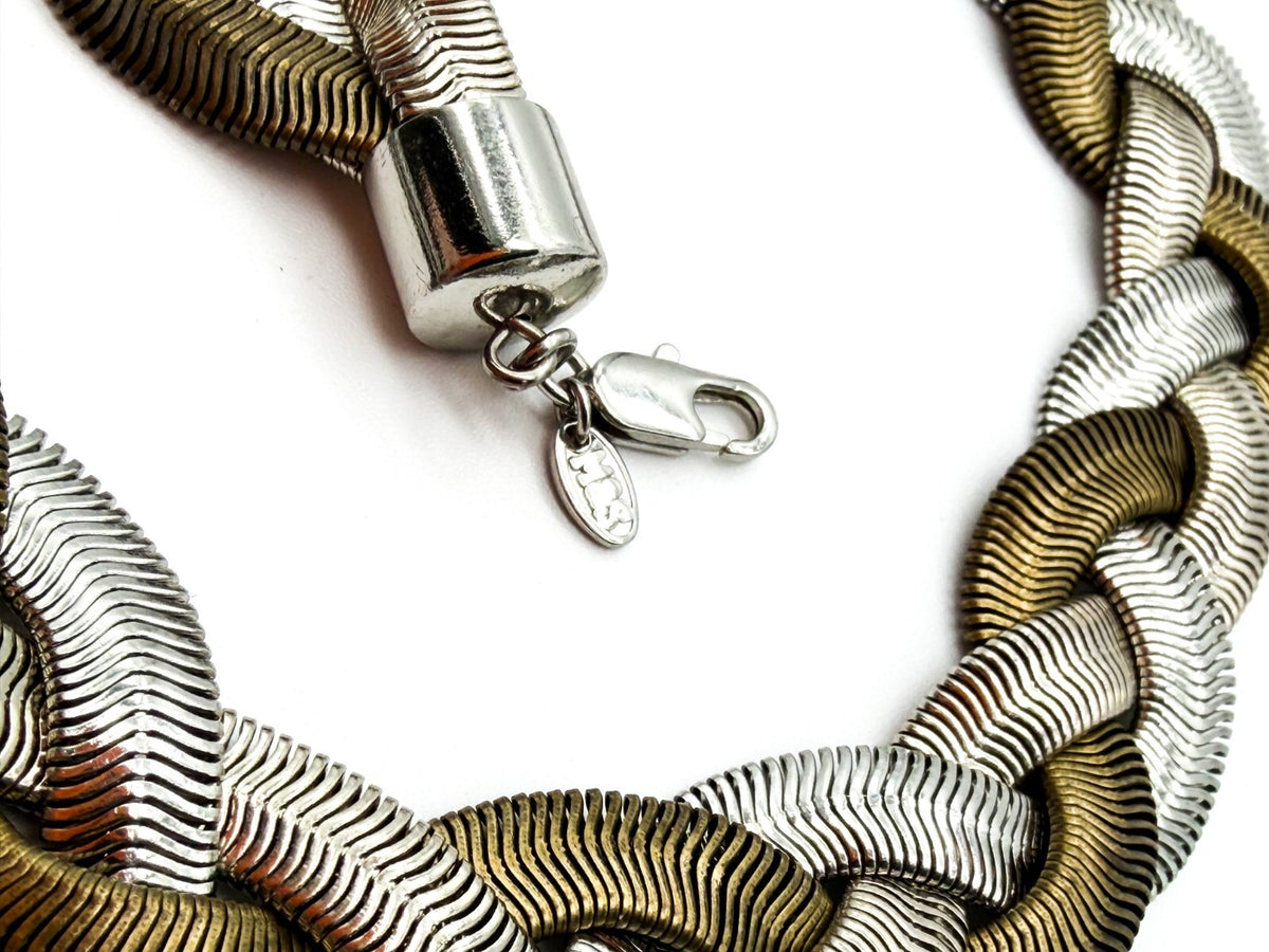 M&S Statement Necklace Mixed Metal Braided Snake Chain Wide Collar 18” Retro