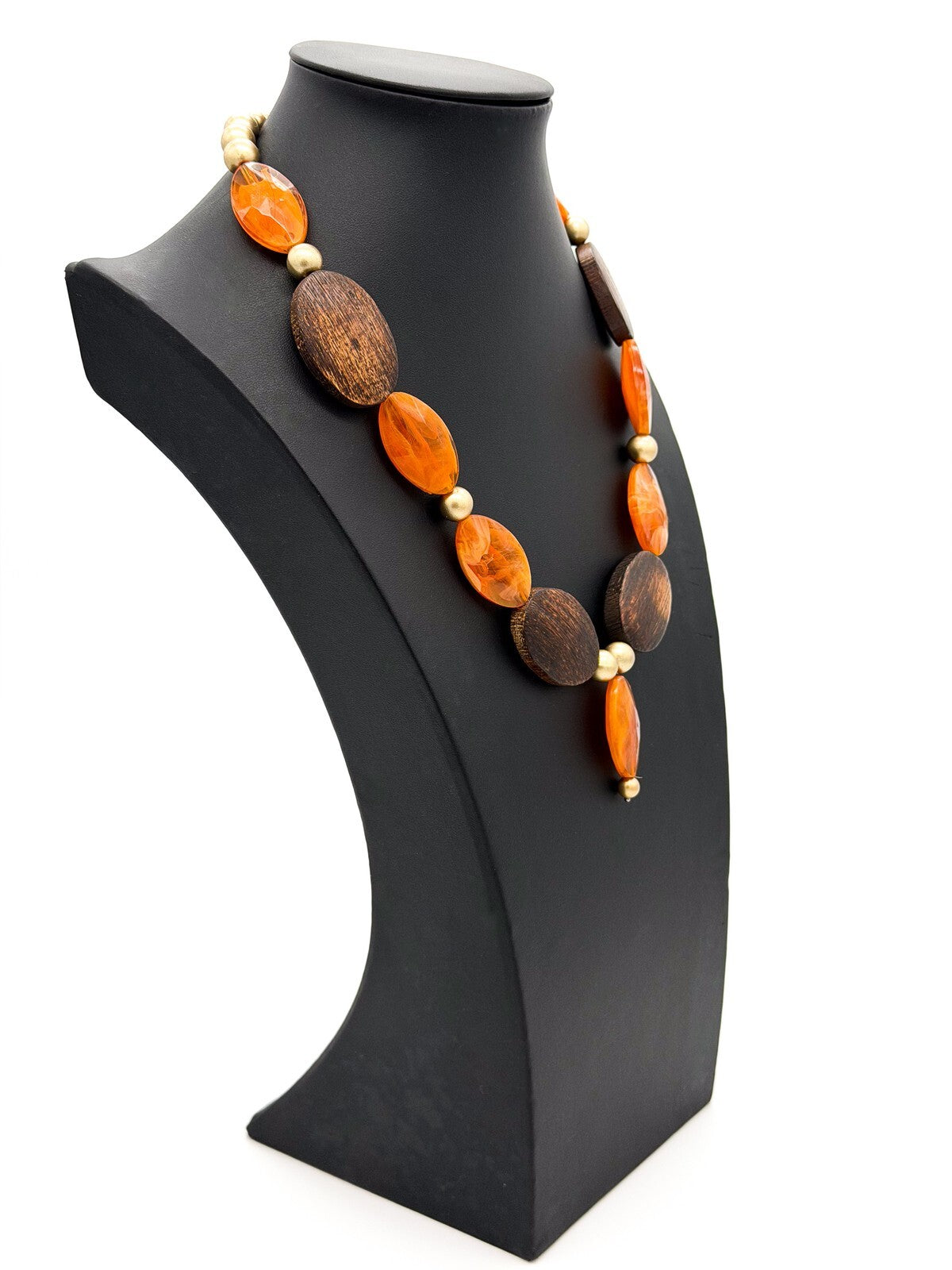 Marbled Orange Acrylic & Wooden Bead Statement Necklace with Gold Tone Spacers