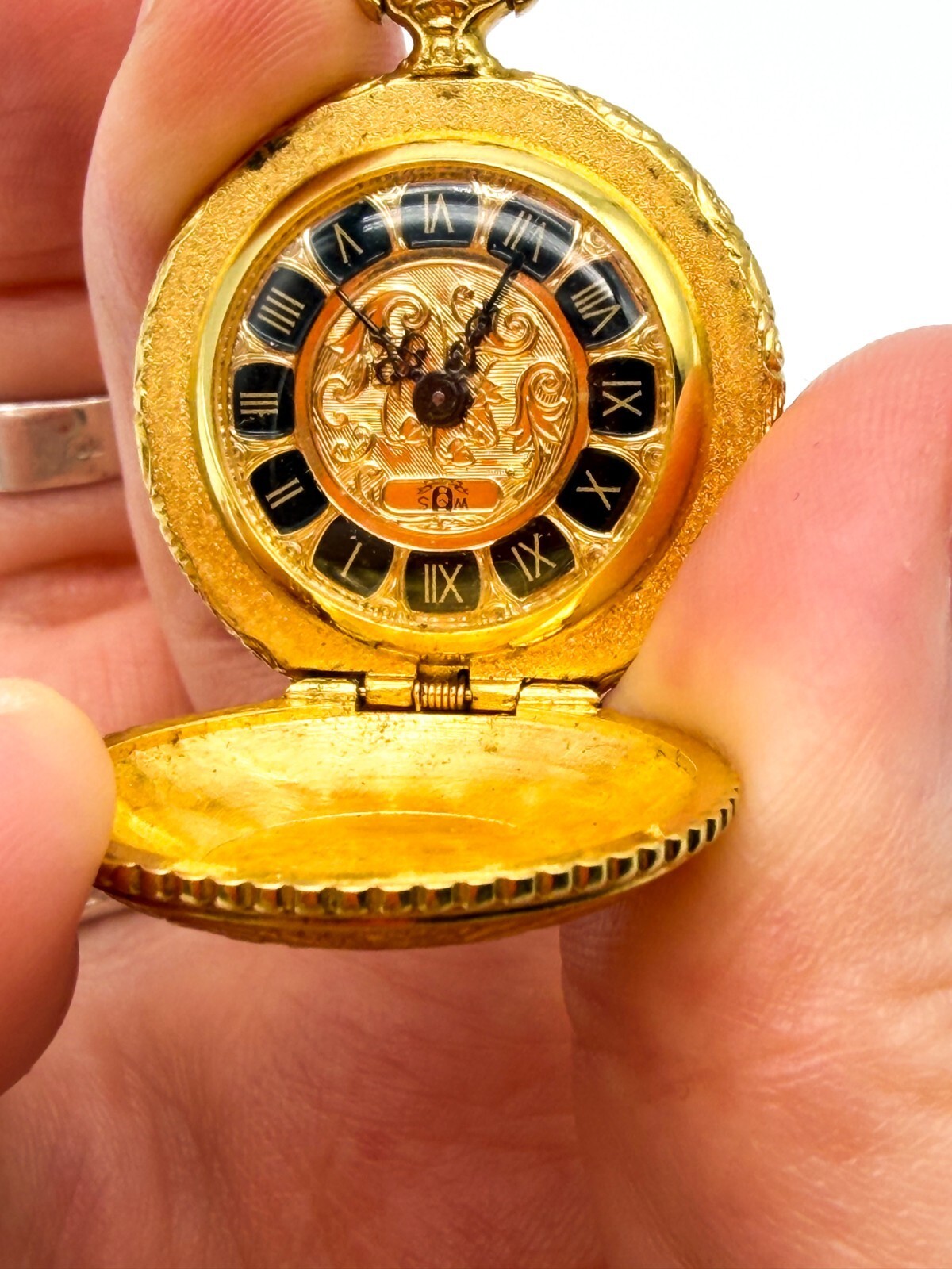 W&S Gold Tone Engraved Hunter-Style Pocket Watch Pendant Charm