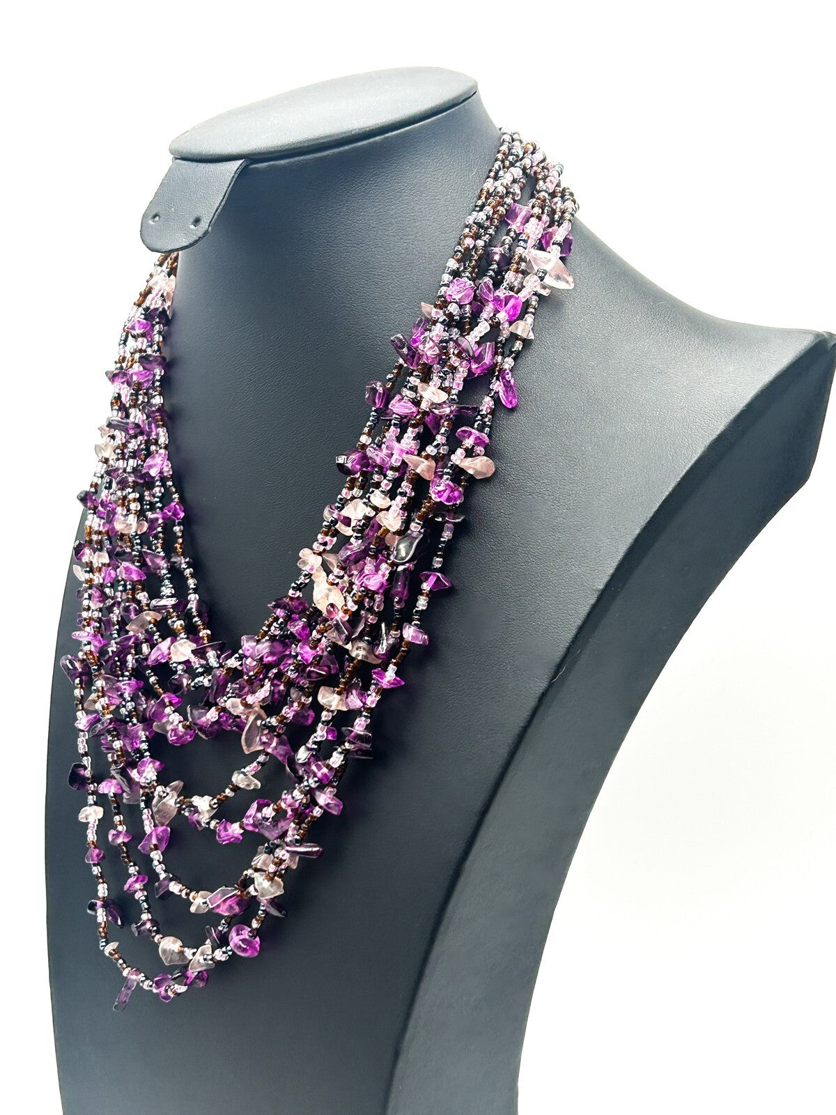 Vintage 11 Layer Amethyst, Quartz & Glass Beaded Purple Tones Statement Necklace