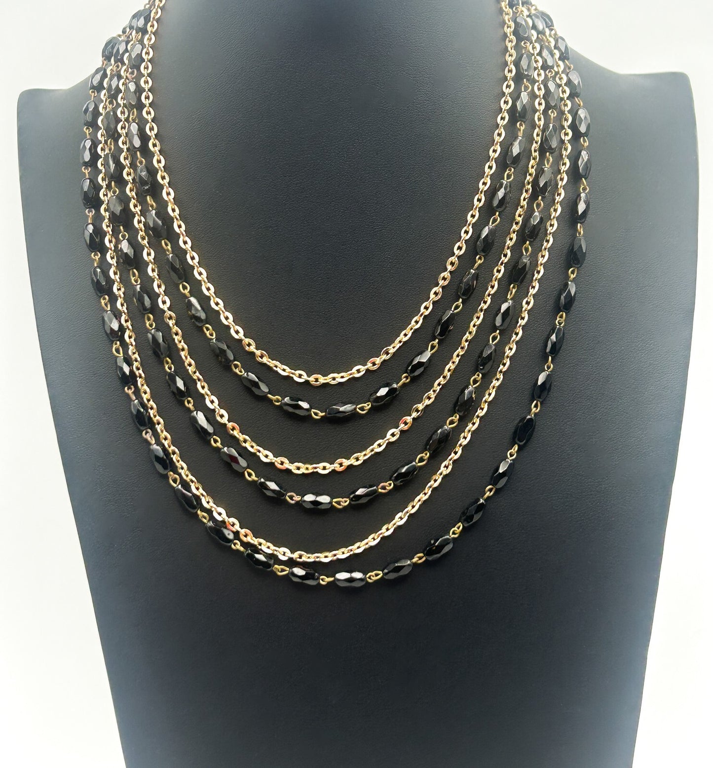 Vintage Layered Black Bead & Gold-Tone Chain Necklace