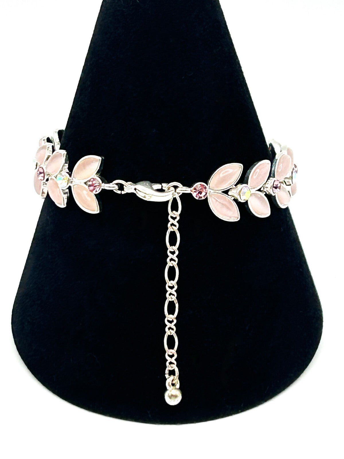 Pink Cat’s Eye Leaf Petal Bracelet Silver Tone AB Crystal Marquise