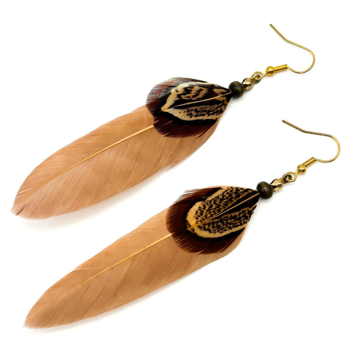 BD-Eye Original Boho Feather & Wood Earring Pair Festival Beach Natural Dangle