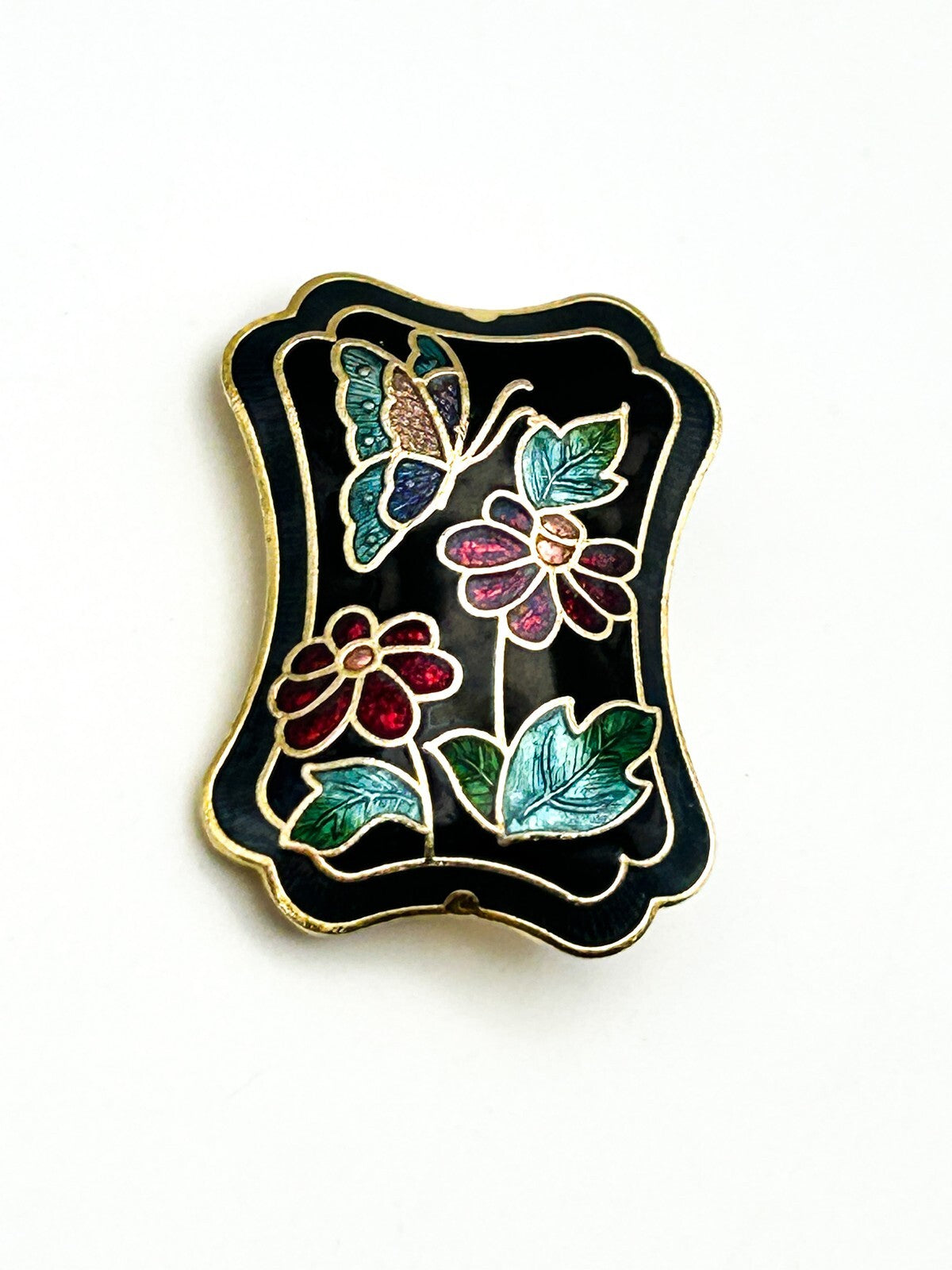 Vintage Cloisonné Enamel Brooch Butterfly Floral Black Gold Tone Pin 2.5”