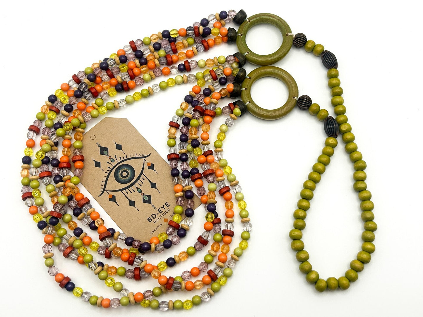 Vintage Multi-Strand Beaded Necklace with Green Hoop Connectors