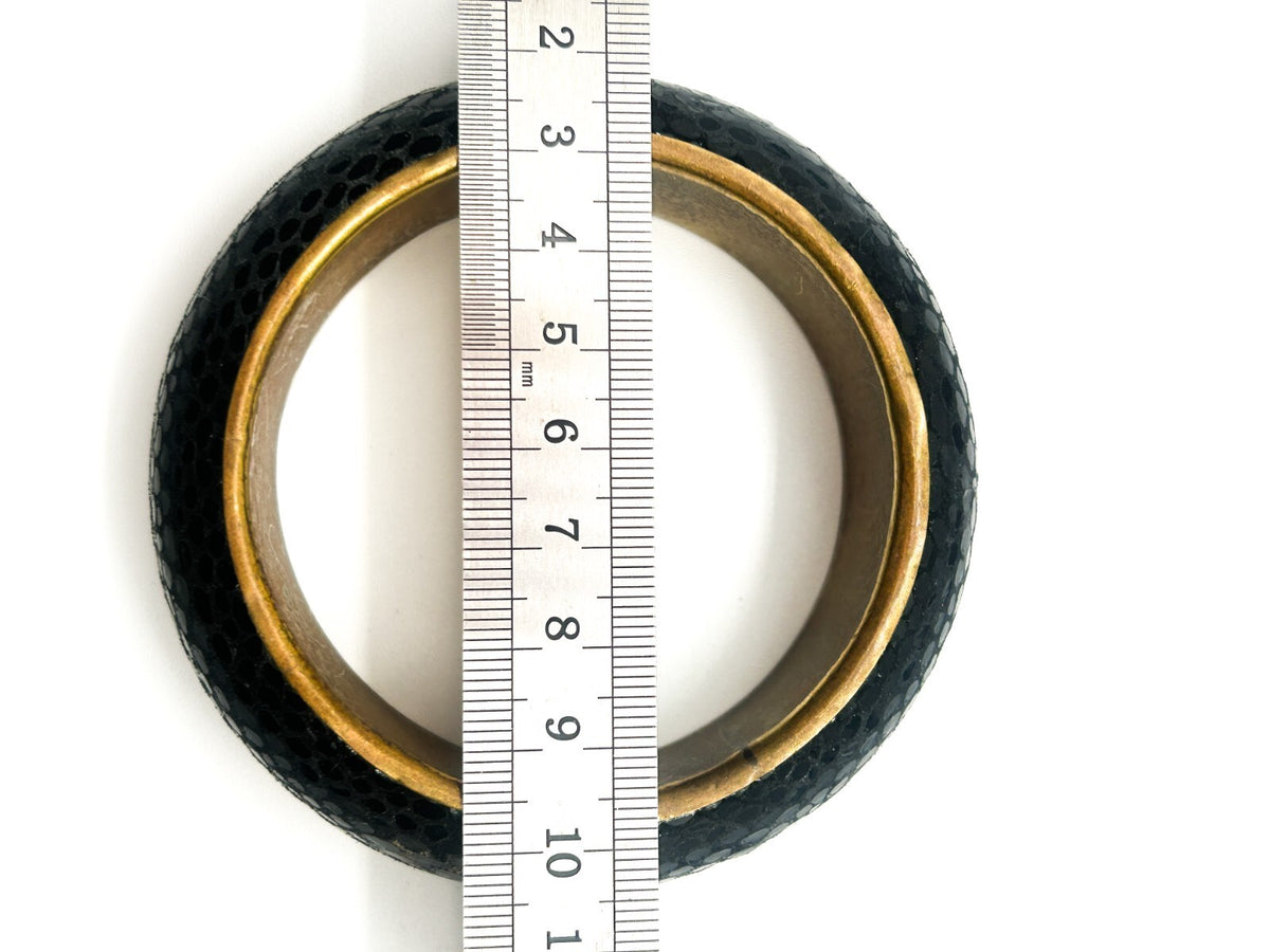 Vintage Black Bracelet Textured Faux Snakeskin Bangle Gold Tone Brass Interior