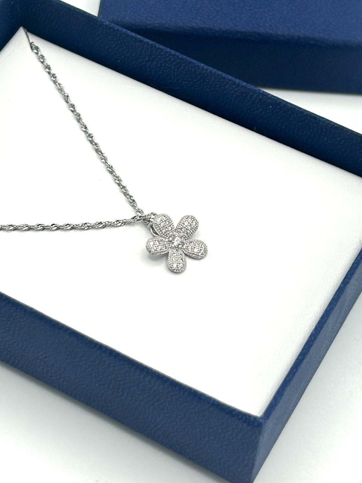 New Boxed BOUTON Rhodium-Plated Micro Pavé CZ Dainty Flower Pendant Necklace