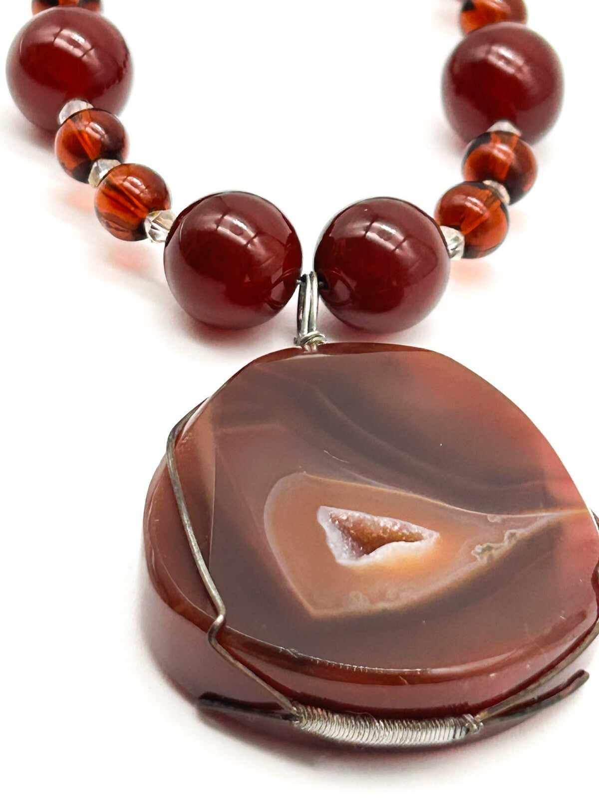 Carnelian Agate Pendant Necklace Quartz Inclusion Geode Artisan Gemstone  Boho