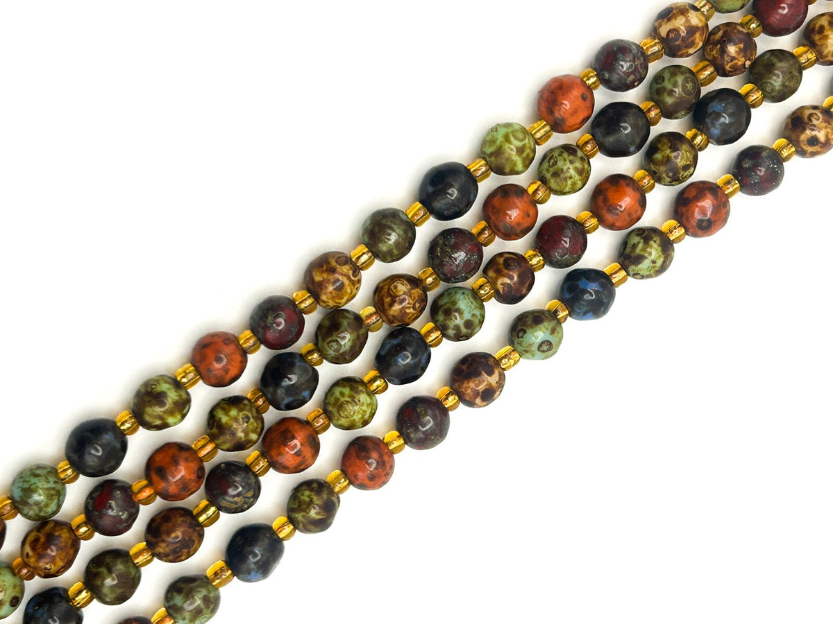 Vintage Mottled Glass Bead Necklace – Green, Orange, Brown & Mustard
