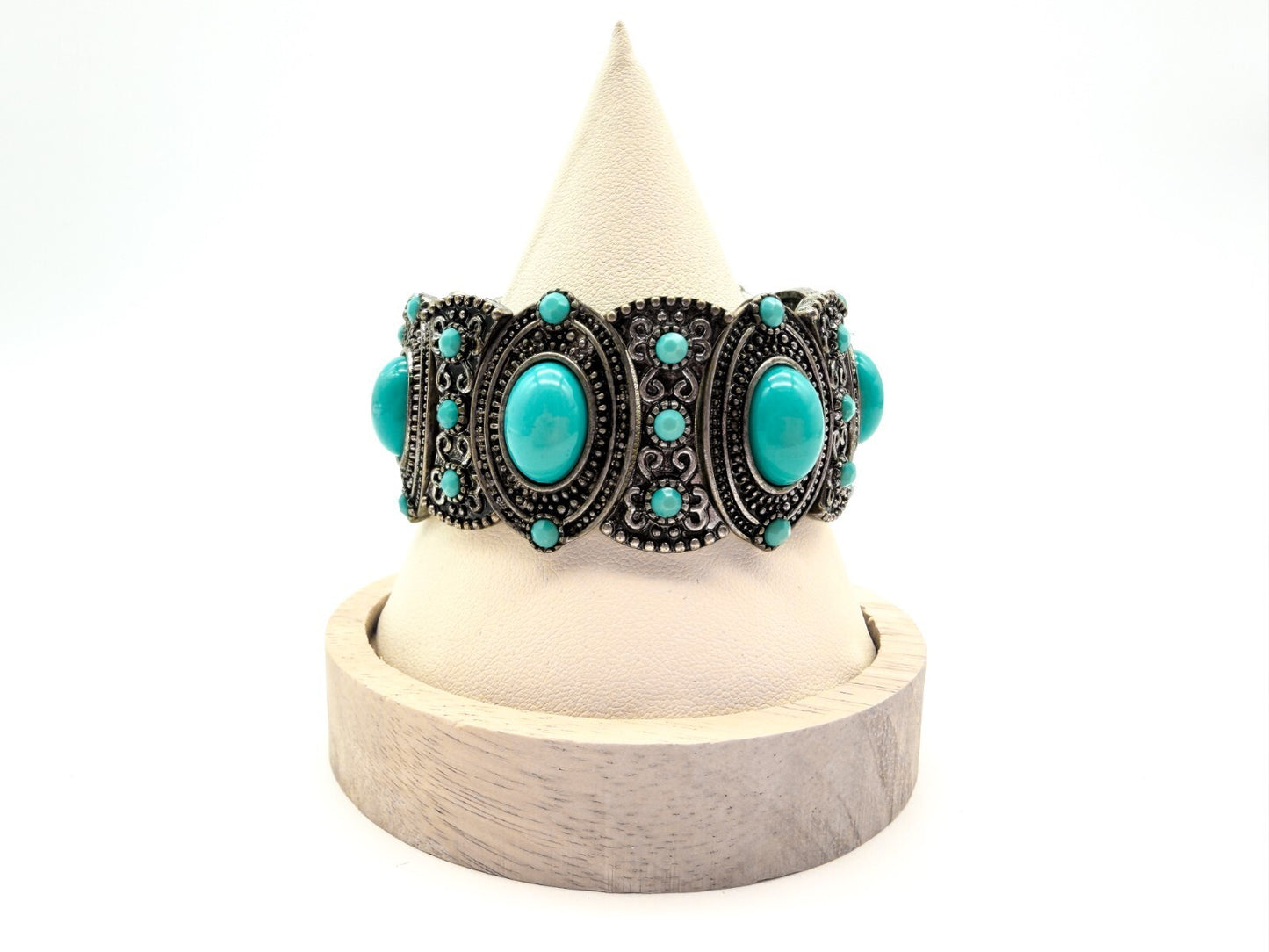 Ornate Faux Turquoise Stretch Cuff Bracelet Silver Tone Statement Boho Statement