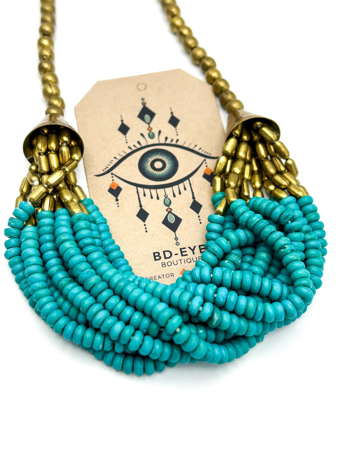 Vintage Turquoise Wood Multi-Strand Beaded Necklace with Gold Tone Caps