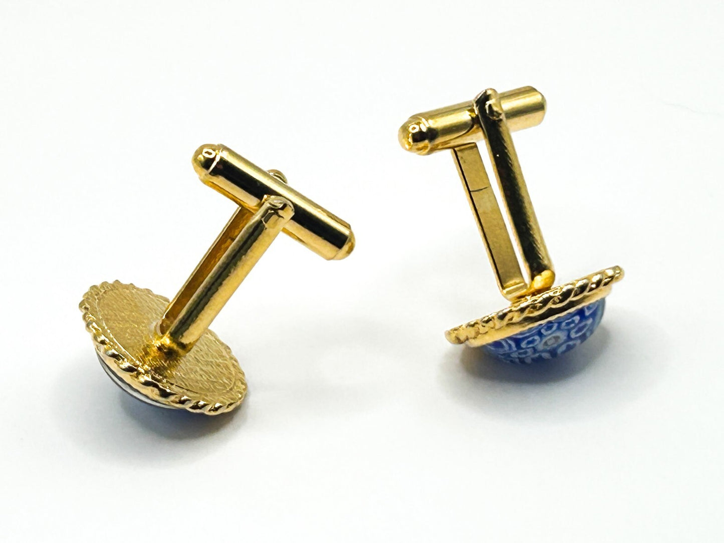 Murano Glass Cufflinks Vintage Blue White Millefiori Gold Tone Italian