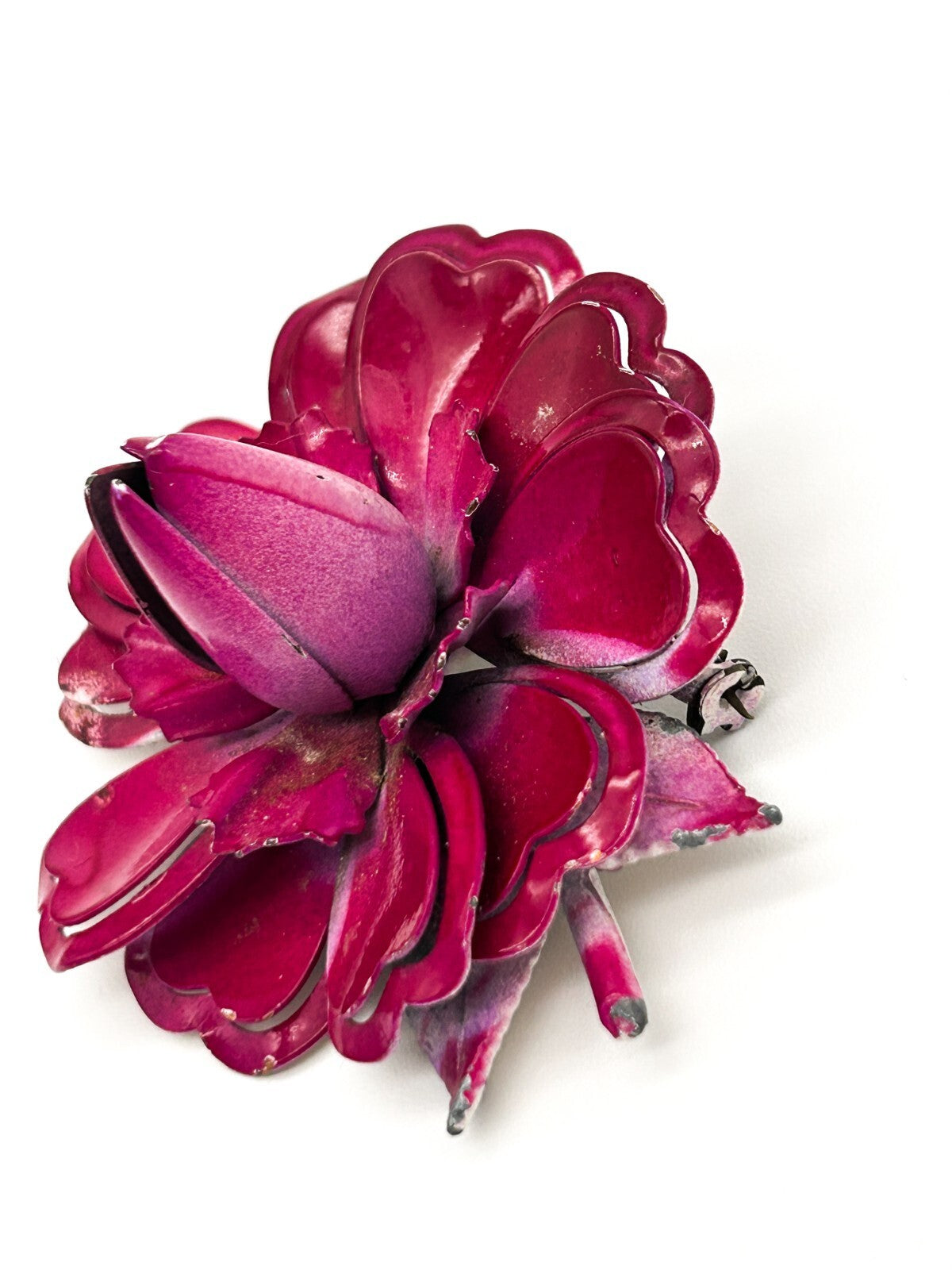 Vintage Style Hot Fuchsia Pink Flower Brooch Layered Enamel Statement Pin