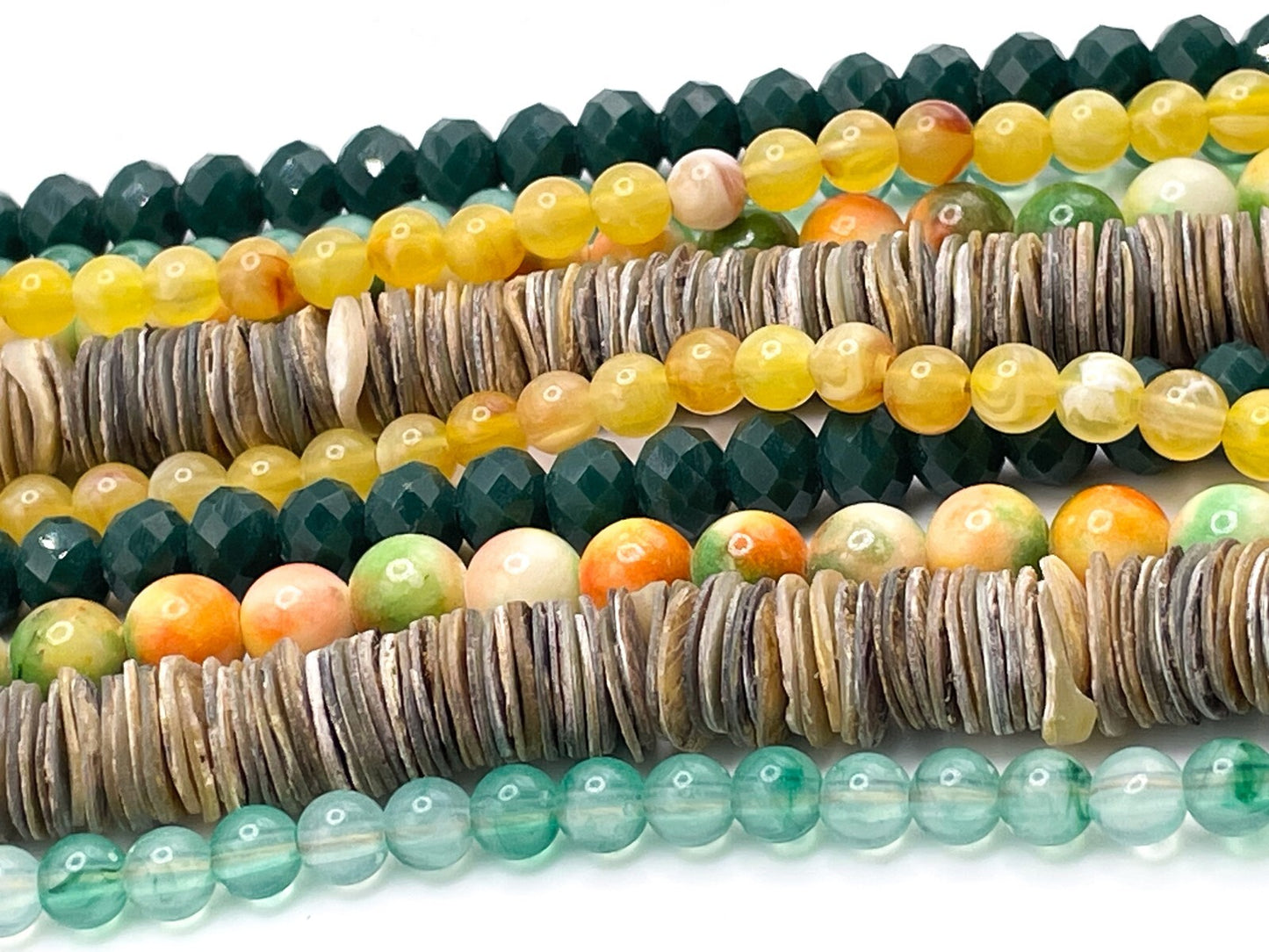 Five-Strand Layered Bead Necklace in Green, Yellow and Orange
