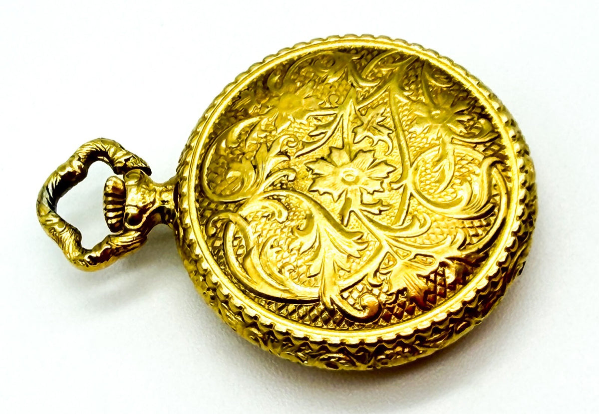 W&S Gold Tone Engraved Hunter-Style Pocket Watch Pendant Charm