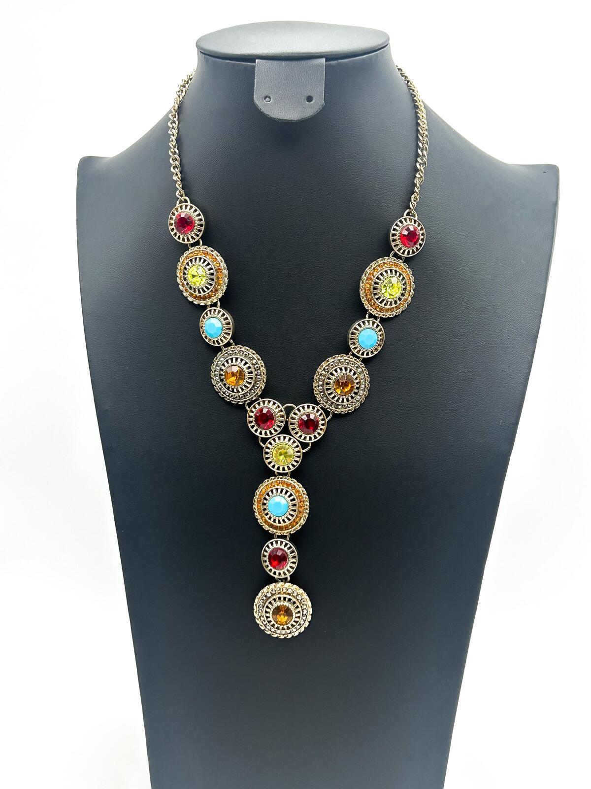 Vintage Boho Ornate Articulated Gold Tone Rhinestone Coin-disc Y Necklace