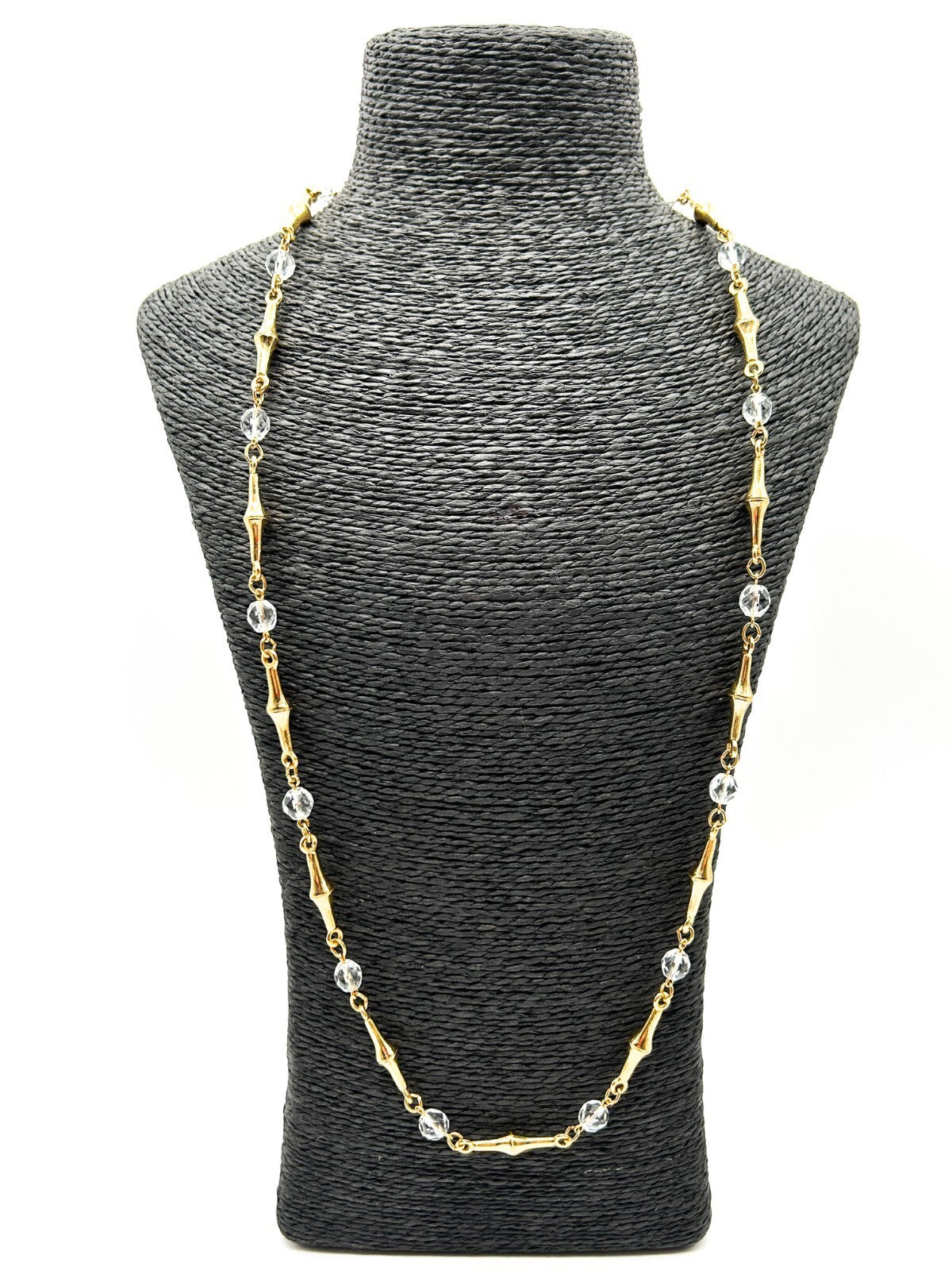 Vintage Gold Tone Bamboo Link Necklace Clear Faceted Glass Beads Retro