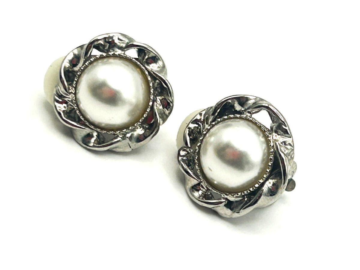 Eternal Collection Faux Pearl Clip-On Earrings – Silver Tone Floral Design